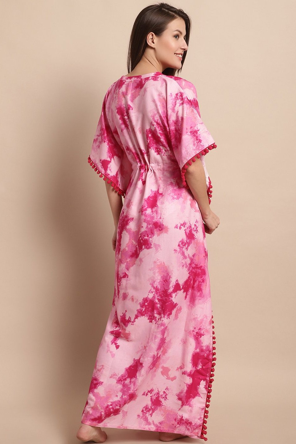 Back view of model in pink printed Kaftan Dress