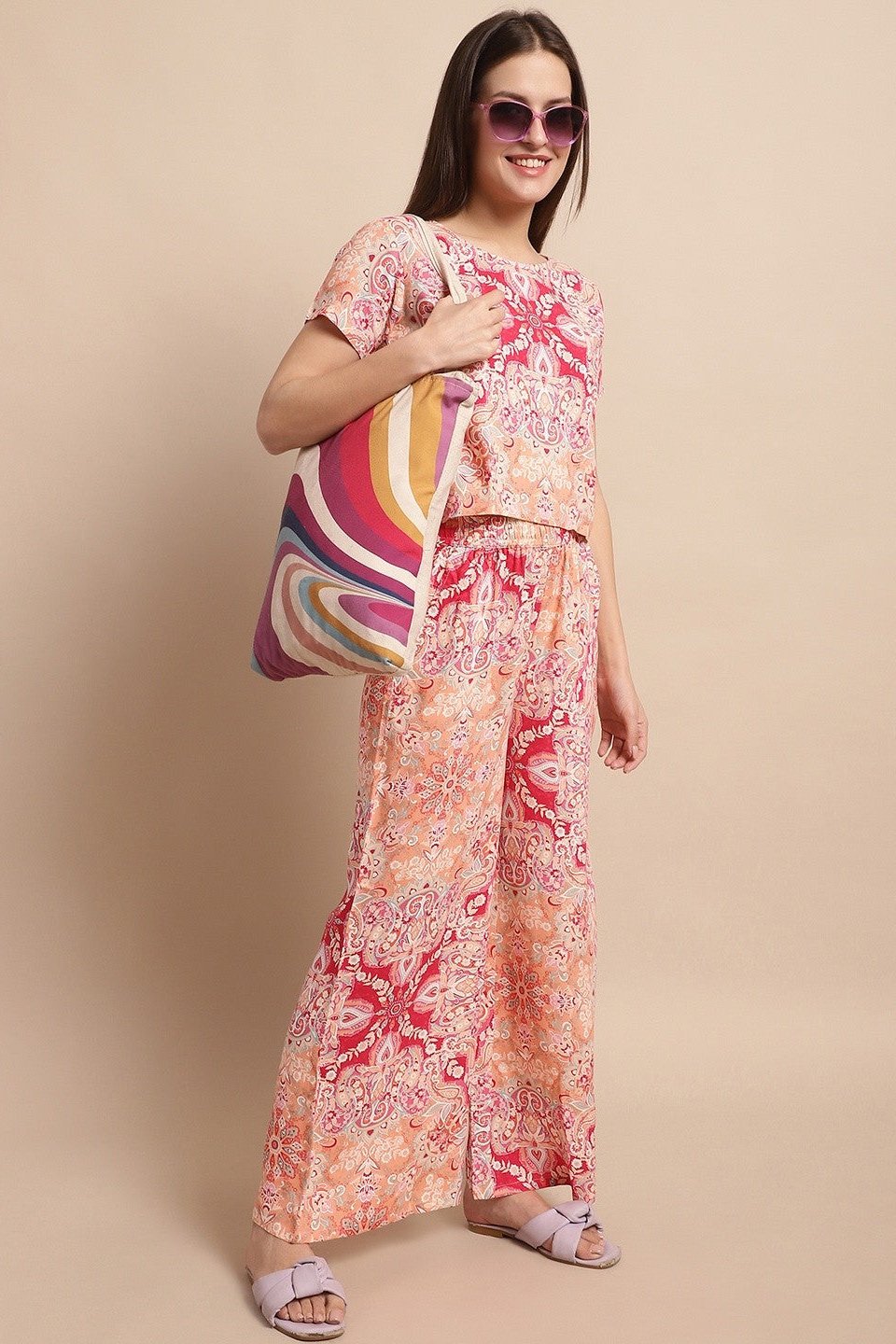 Pink Color Printed Viscose Rayon Night Suit for Women by Claura