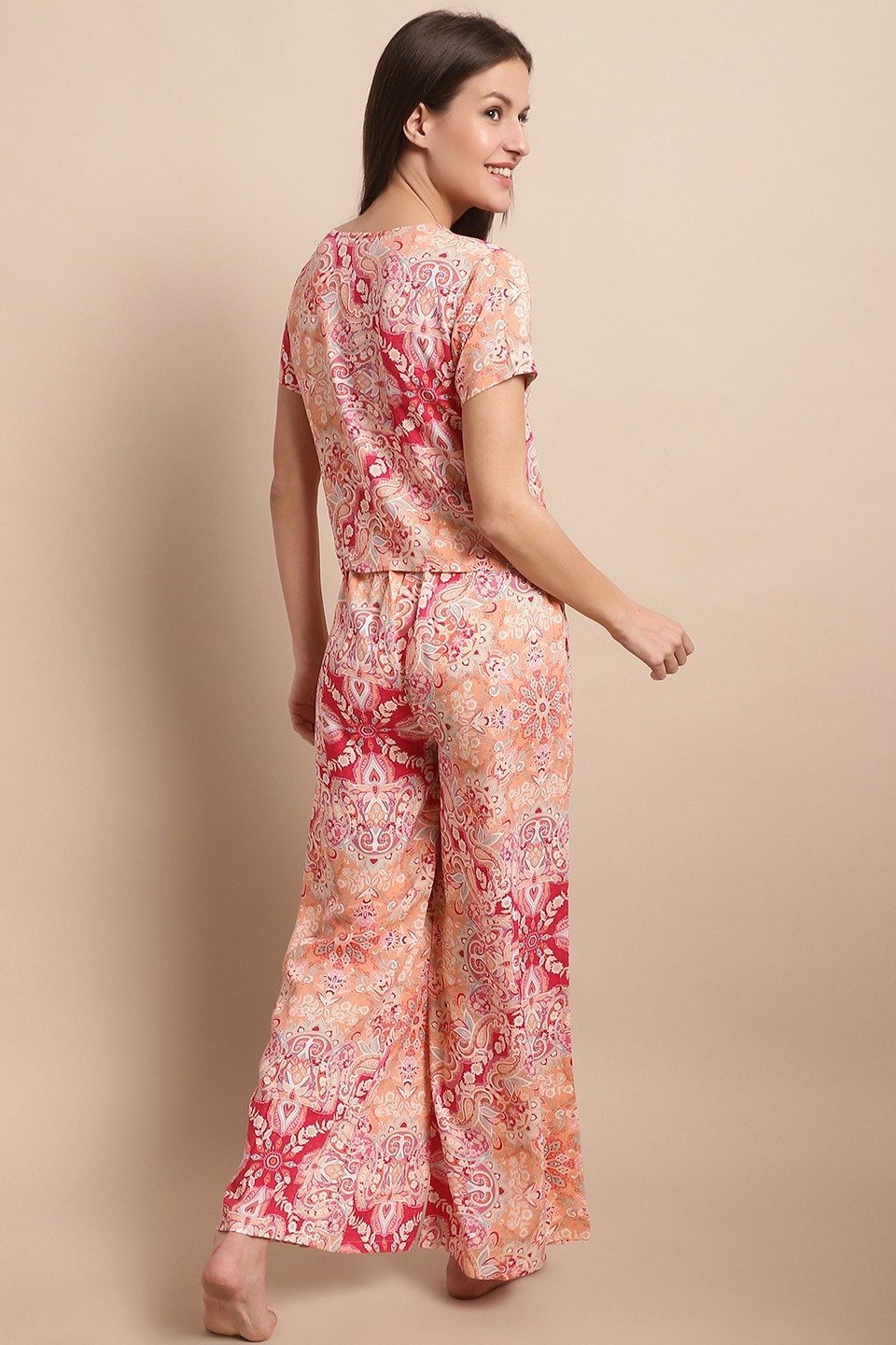 Pink Color Printed Viscose Rayon Night Suit for Women by Claura