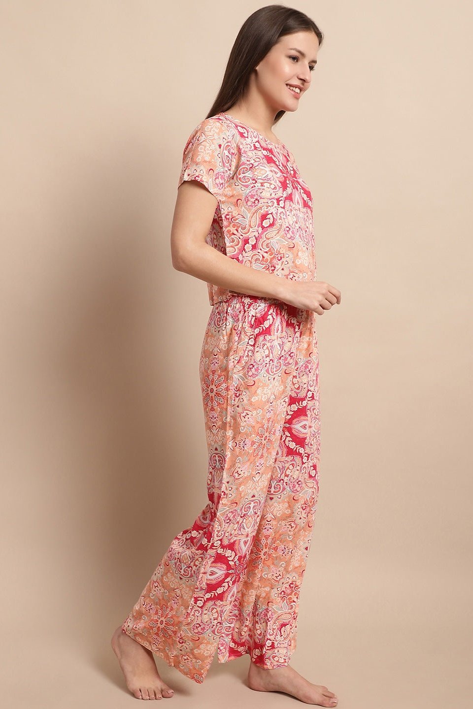 Pink Color Printed Viscose Rayon Night Suit for Women by Claura