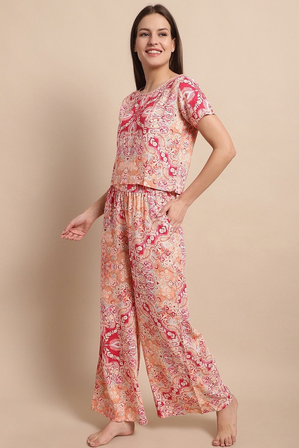 Pink Color Printed Viscose Rayon Night Suit for Women by Claura
