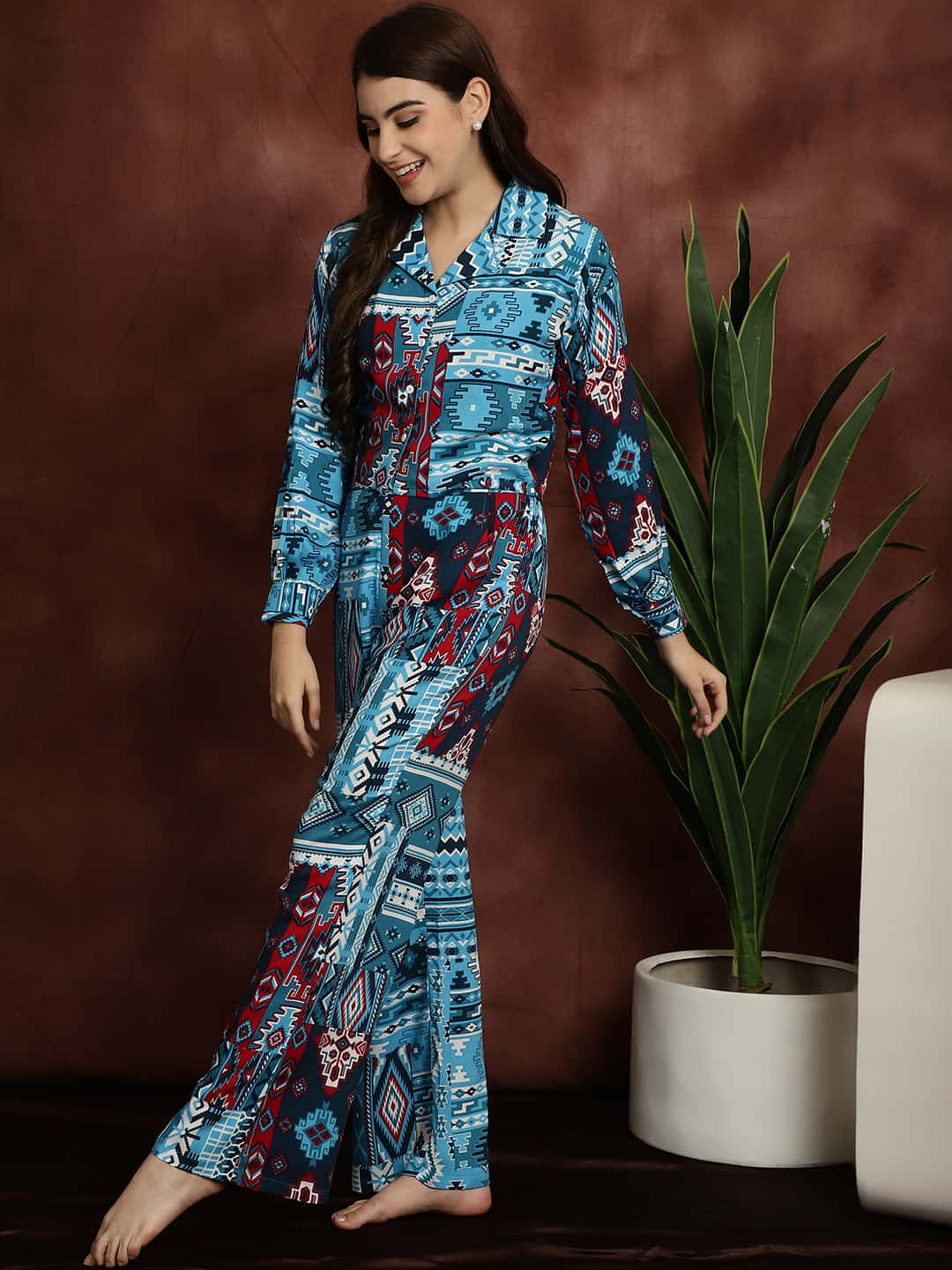 Blue Abstract Printed Viscose Rayon Shirt With Pyjamas Nightsuit Claura Designs Pvt. Ltd. Nightsuit Long Sleeves, Nightsuit, Rayon, Sleepwear