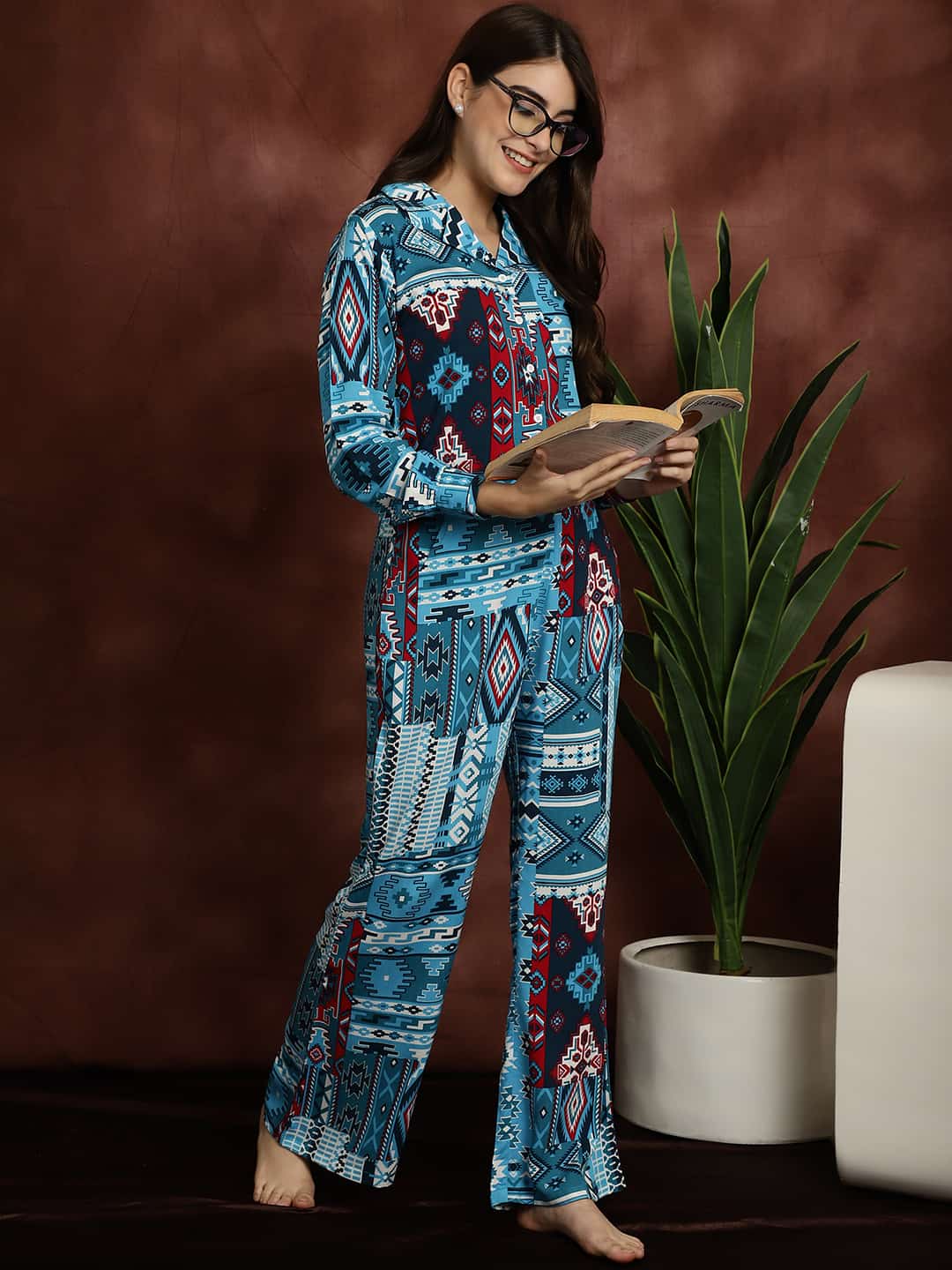Blue Abstract Printed Viscose Rayon Shirt With Pyjamas Nightsuit Claura Designs Pvt. Ltd. Nightsuit Long Sleeves, Nightsuit, Rayon, Sleepwear