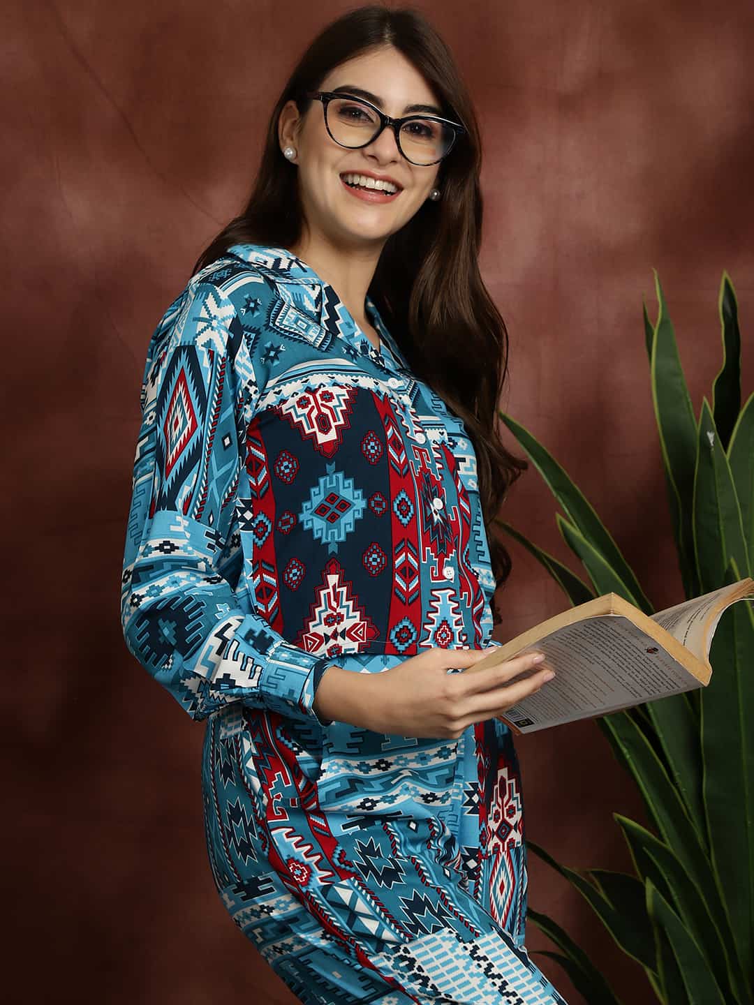 Blue Abstract Printed Viscose Rayon Shirt With Pyjamas Nightsuit Claura Designs Pvt. Ltd. Nightsuit Long Sleeves, Nightsuit, Rayon, Sleepwear