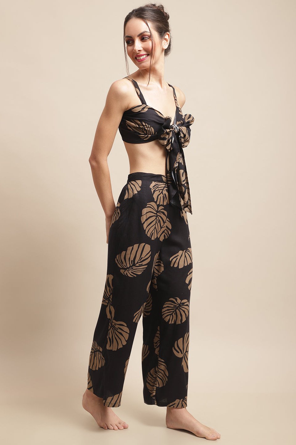 Black Color Leaf Printed Viscose Rayon Beachwear For Woman Claura Designs Pvt. Ltd. Beachwear Beachwear, Beachwear_size, black, leaf, Printed, Rayon, Swimwear