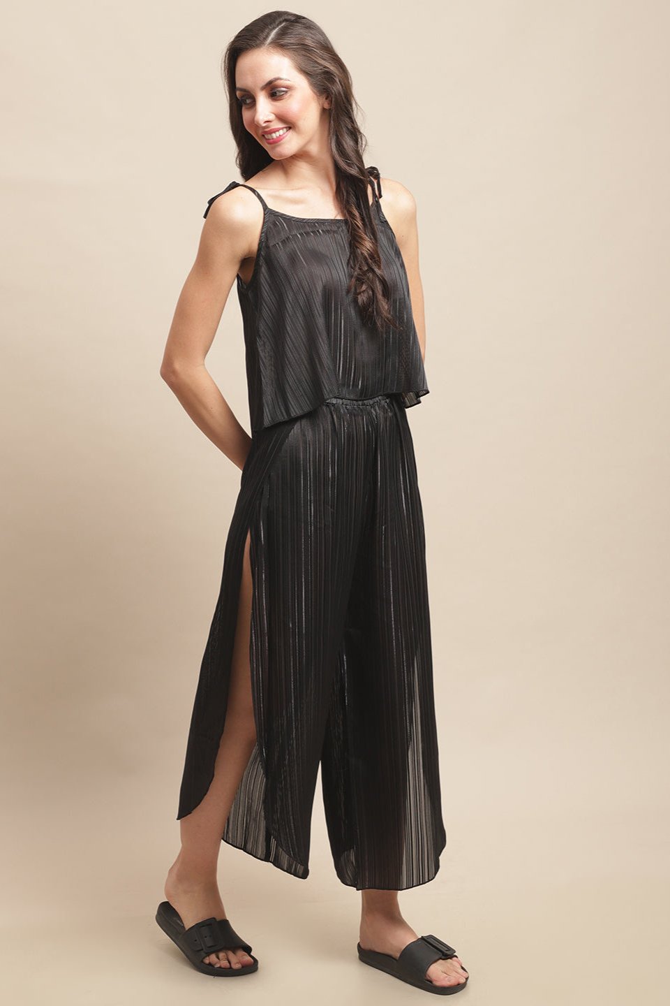 Black Color Striped Printed Georgette Beachwear For Woman Claura Designs Pvt. Ltd. Beachwear Beachwear, Beachwear_size, black, Coverup, Georgette, Printed, Striped, Swimwear