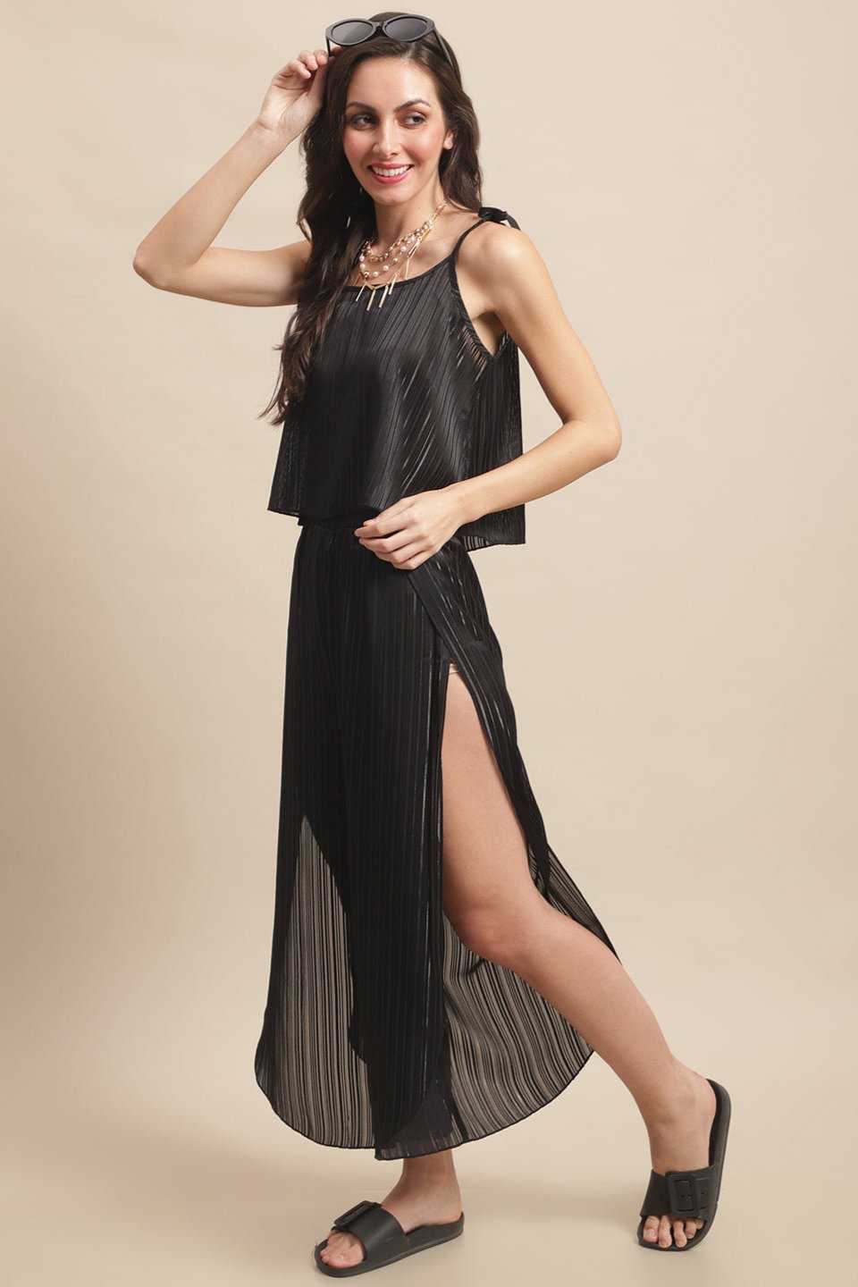 Black Color Striped Printed Georgette Beachwear For Woman Claura Designs Pvt. Ltd. Beachwear Beachwear, Beachwear_size, black, Coverup, Georgette, Printed, Striped, Swimwear