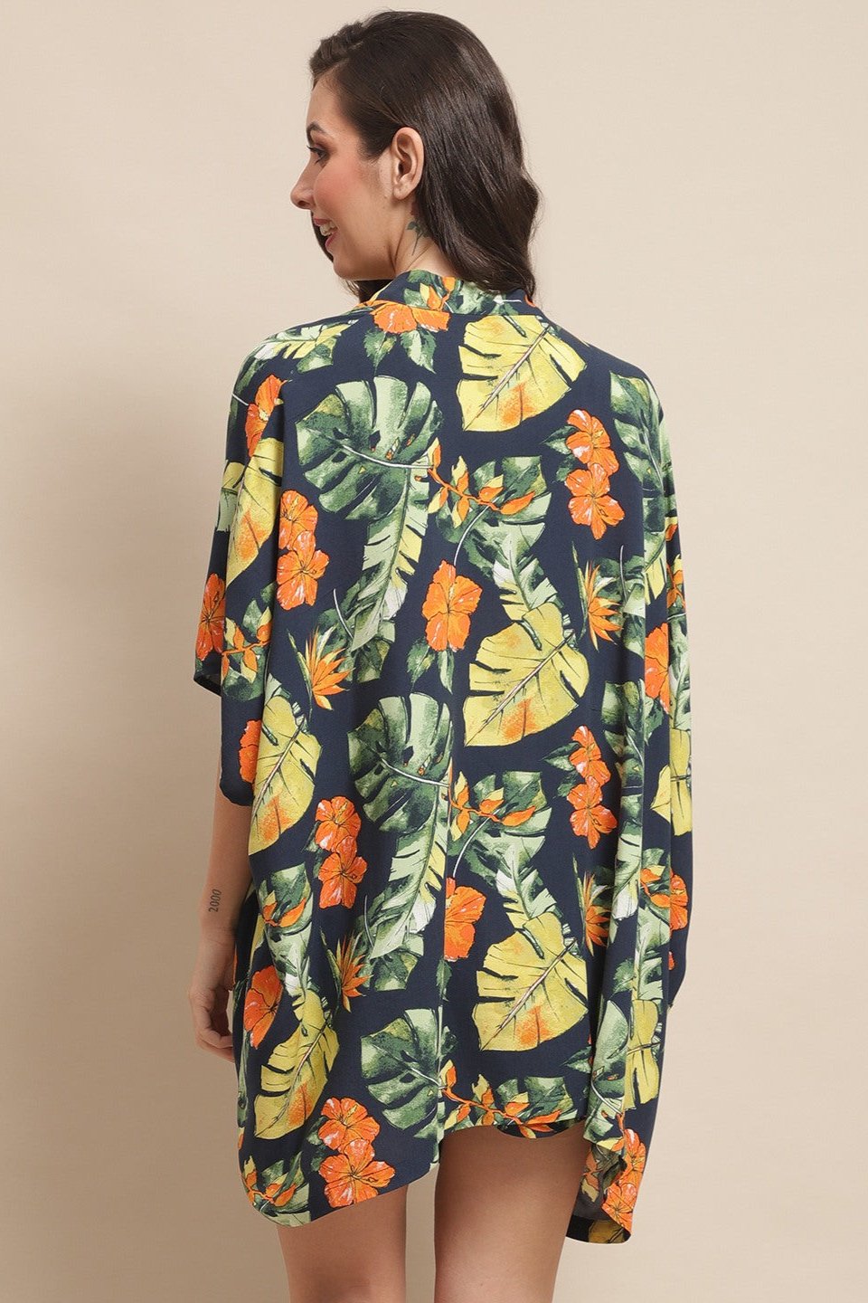 Navy Color Tropical Printed Viscose Rayon 3 pcs Coverup Set With Robe Beachwear For Woman Claura Designs Pvt. Ltd. Beachwear Beachwear, Beachwear_size, Coverup, Navy Blue, Rayon, Swimwear, tropical