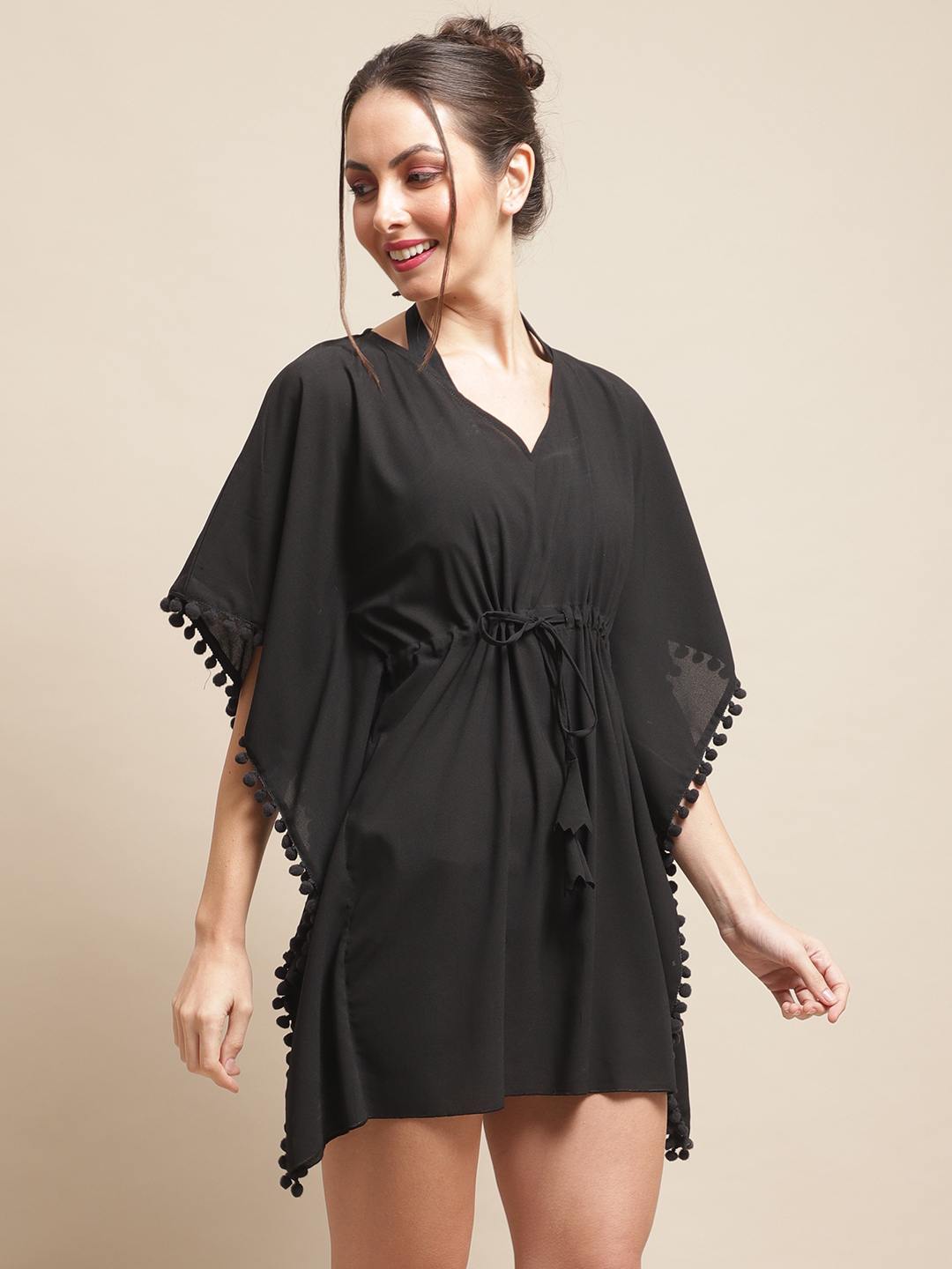 Black Color Solid Printed Georgette Coverup Beachwear Kaftan For Woman Claura Designs Pvt. Ltd. Kaftan Beachwear, black, georgette, kaftan, kaftan_freesize, Printed, solid, Swimwear, V-Neck