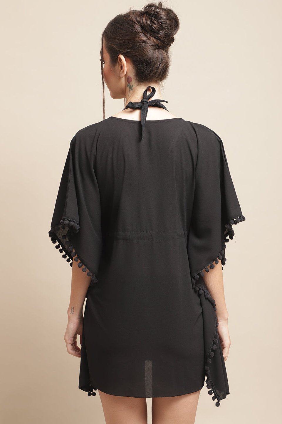 Black Color Solid Printed Georgette Coverup Beachwear Kaftan For Woman Claura Designs Pvt. Ltd. Kaftan Beachwear, black, georgette, kaftan, kaftan_freesize, Printed, solid, Swimwear, V-Neck