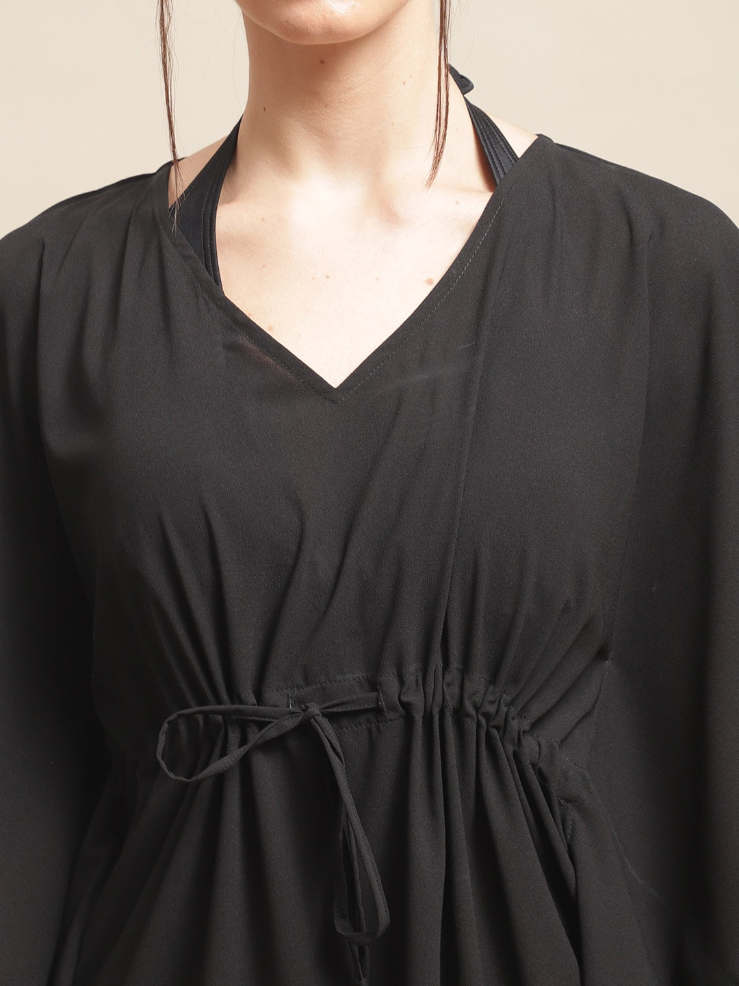Black Color Solid Printed Georgette Coverup Beachwear Kaftan For Woman Claura Designs Pvt. Ltd. Kaftan Beachwear, black, georgette, kaftan, kaftan_freesize, Printed, solid, Swimwear, V-Neck