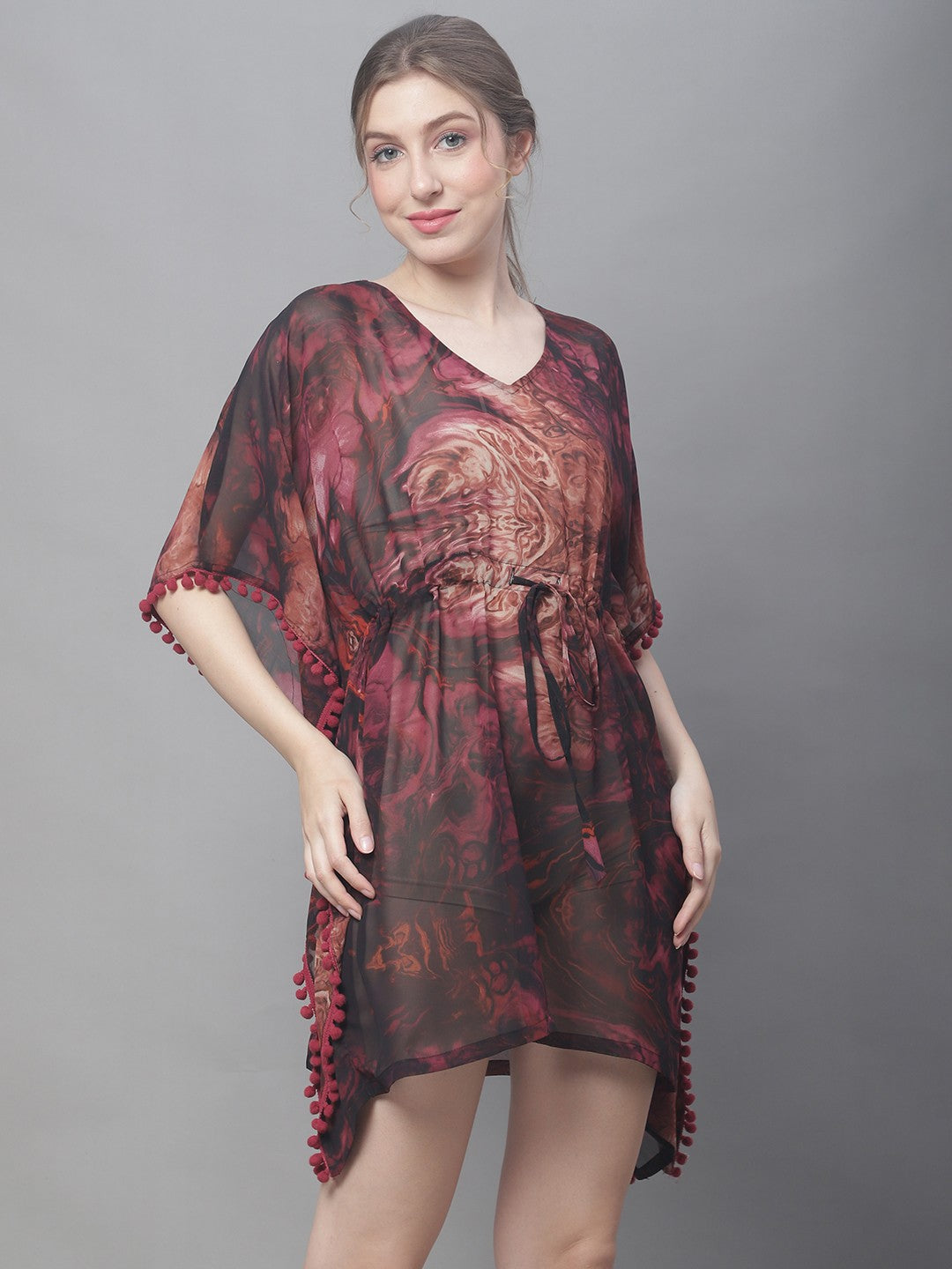 Model in wine beach wear for women