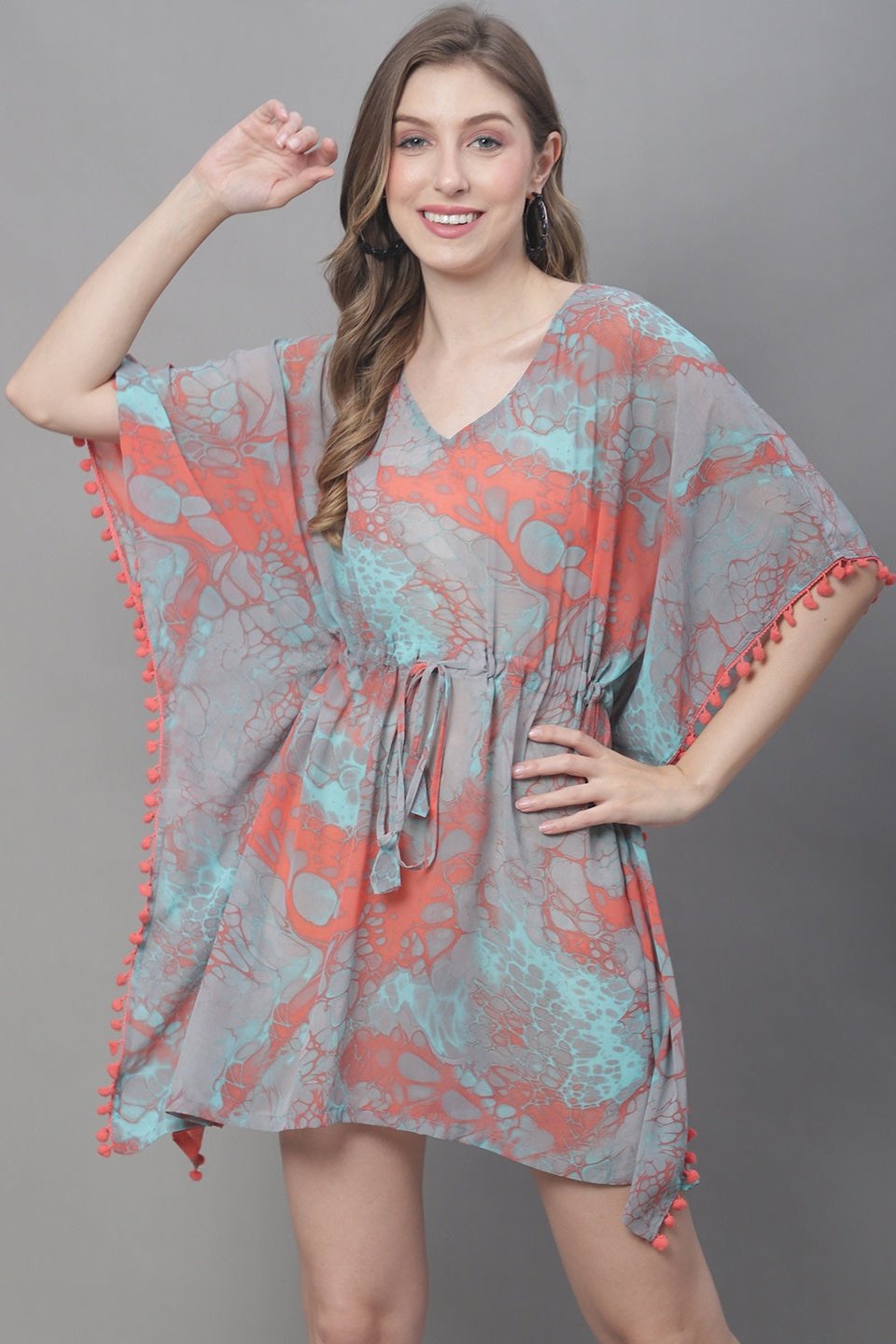 Peach Color Abstract Printed Georgette Coverup Beachwear Kaftan For Woman Claura Designs Pvt. Ltd. Kaftan Beachwear, Coverup, Free Size, Georgette, kaftan_freesize, peach color, Swimwear