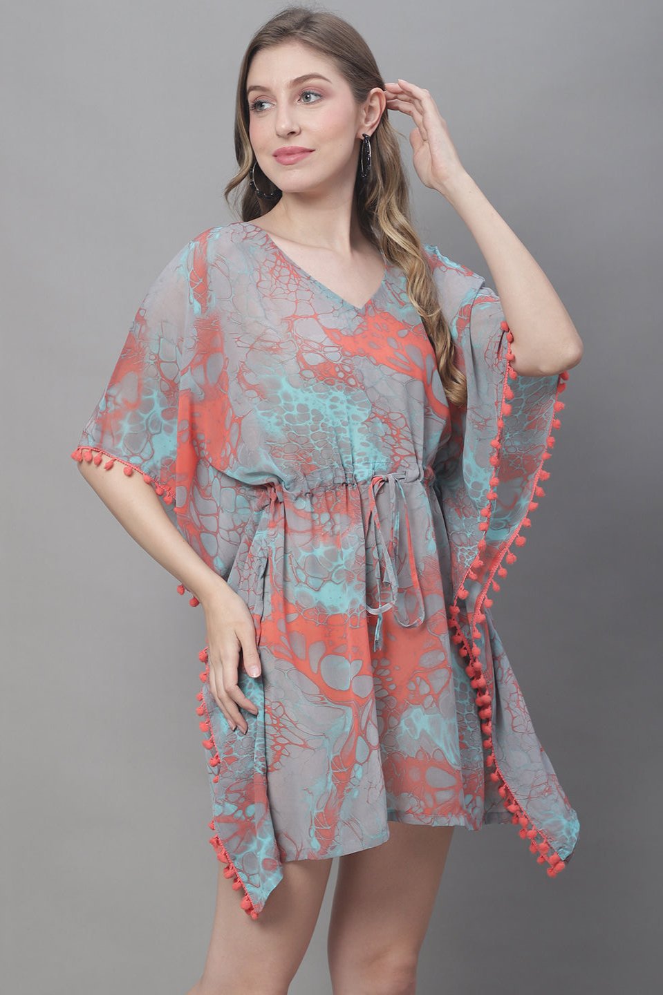 Peach Color Abstract Printed Georgette Coverup Beachwear Kaftan For Woman Claura Designs Pvt. Ltd. Kaftan Beachwear, Coverup, Free Size, Georgette, kaftan_freesize, peach color, Swimwear