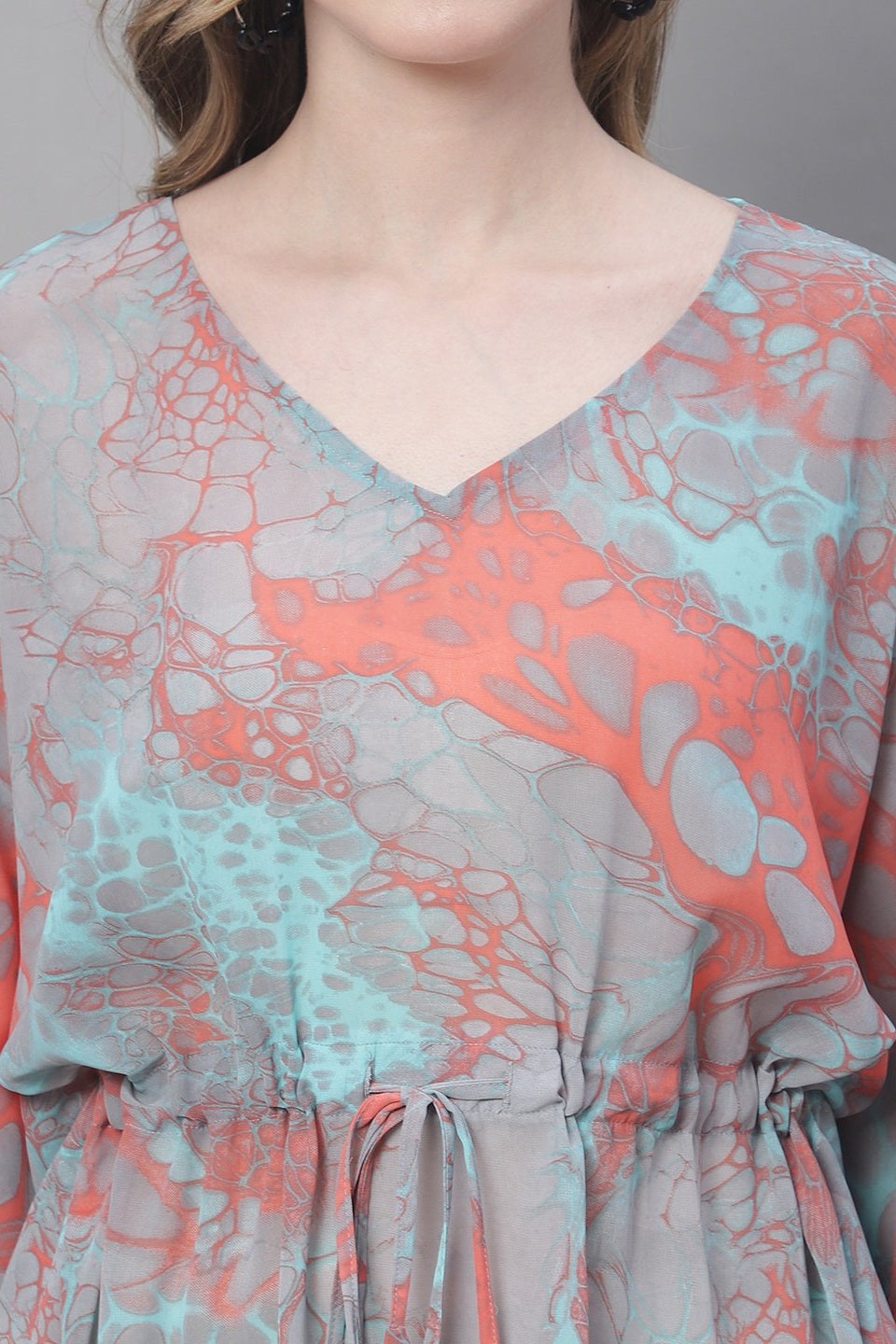 Peach Color Abstract Printed Georgette Coverup Beachwear Kaftan For Woman Claura Designs Pvt. Ltd. Kaftan Beachwear, Coverup, Free Size, Georgette, kaftan_freesize, peach color, Swimwear