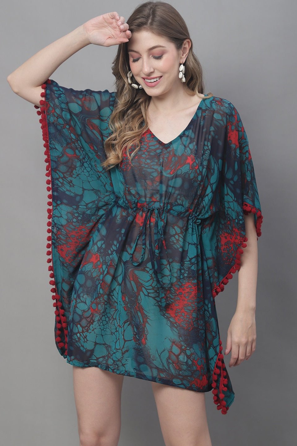 Green Color Abstract Printed Georgette Coverup Beachwear Kaftan For Woman Claura Designs Pvt. Ltd. Kaftan Beachwear, Coverup, Green, kaftan, kaftan_freesize, Printed, Swimwear, V-Neck