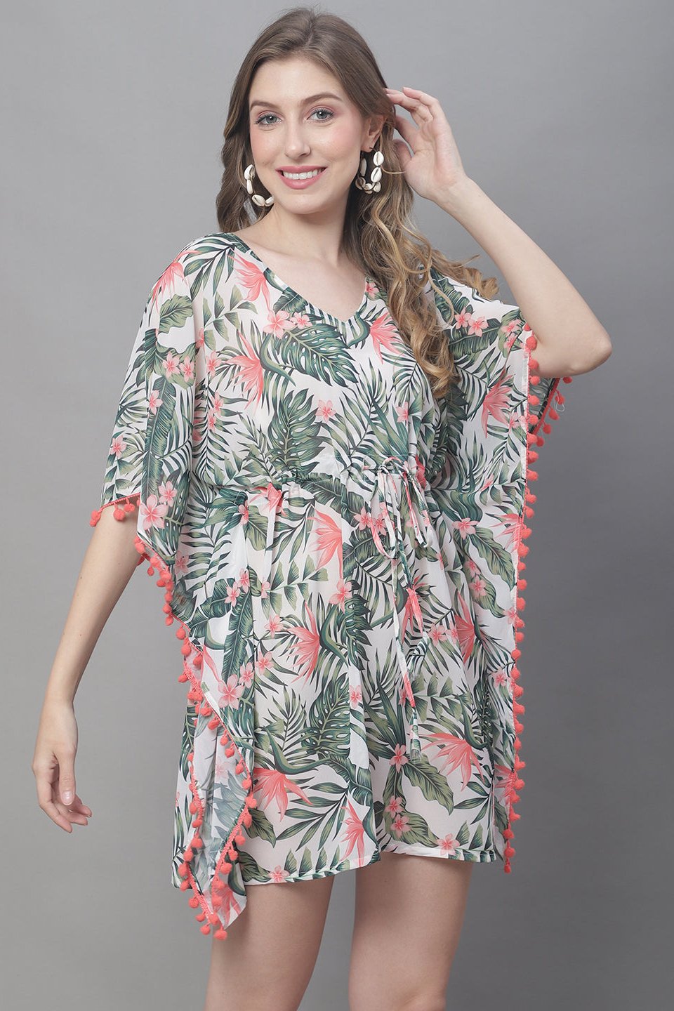 Green Color Tropical Printed Georgette Coverup Beachwear For Woman Claura Designs Pvt. Ltd. Kaftan Beachwear, Coverup, Free Size, Green, kaftan_freesize, Resortwear, Swimwear, tropical