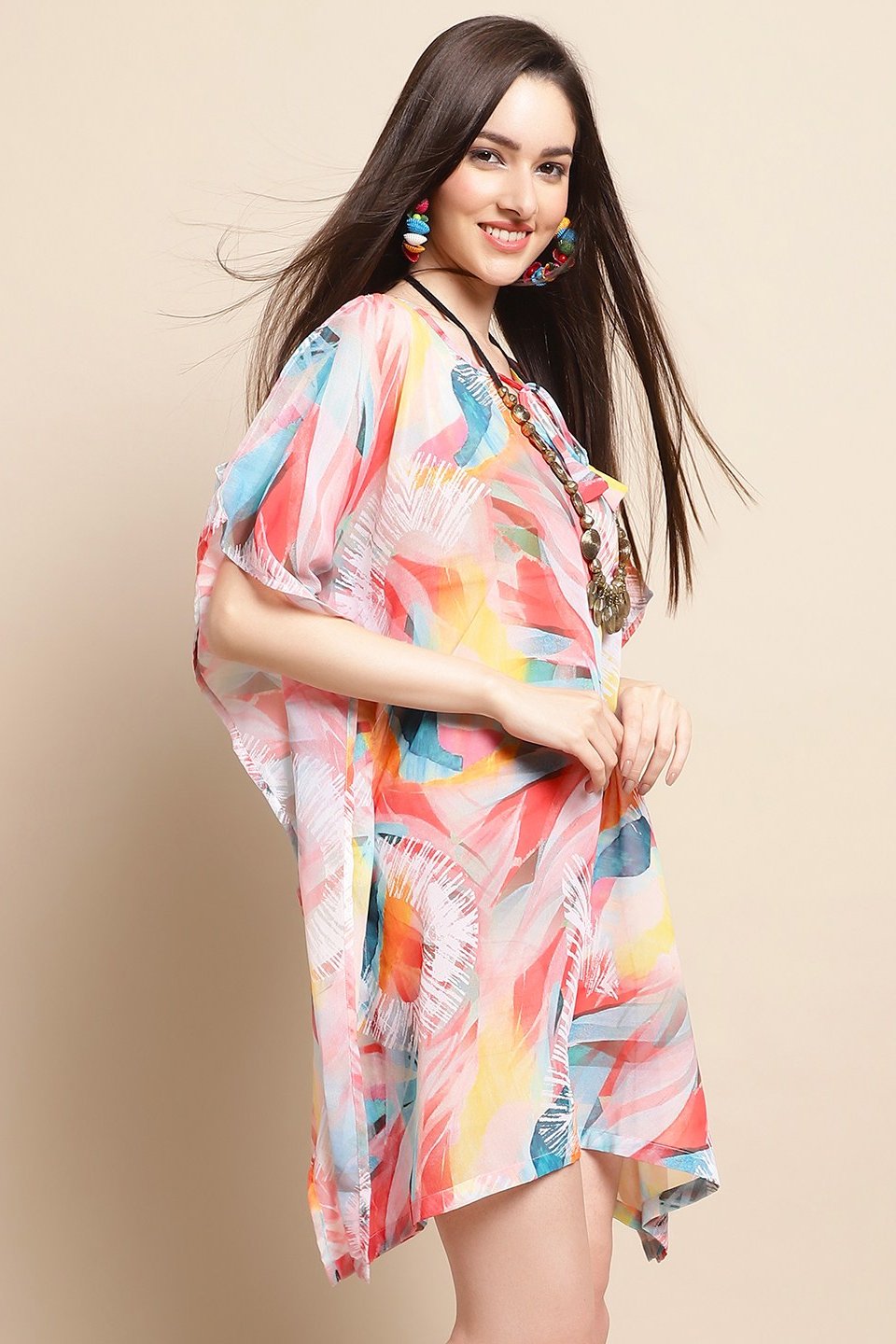 Multi Color Abstract Printed Georgette Swimwear Cover Up Kaftan For Women Claura Designs Pvt. Ltd. Kaftan Beachwear, Coverup, Georgette, kaftan, Kaftan_allsizes, multi color, Printed, Resortwear, Swimwear,