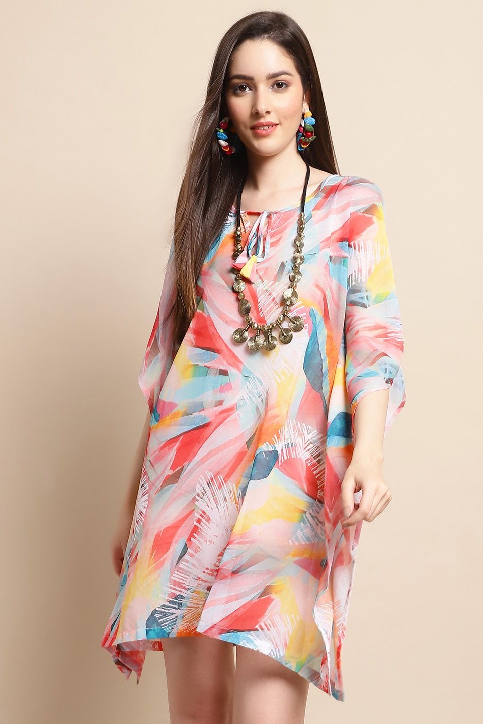 Multi Color Abstract Printed Georgette Swimwear Cover Up Kaftan For Women Claura Designs Pvt. Ltd. Kaftan Beachwear, Coverup, Georgette, kaftan, Kaftan_allsizes, multi color, Printed, Resortwear, Swimwear,