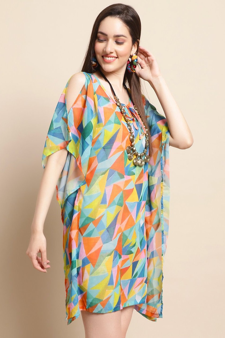 Multi Color Geometric Printed Georgette Beachwear Kaftan For Women Claura Designs Pvt. Ltd. Kaftan Beachwear, Coverup, Geometric Printed, Georgette, kaftan, Kaftan_allsizes, multi color, Swimwear