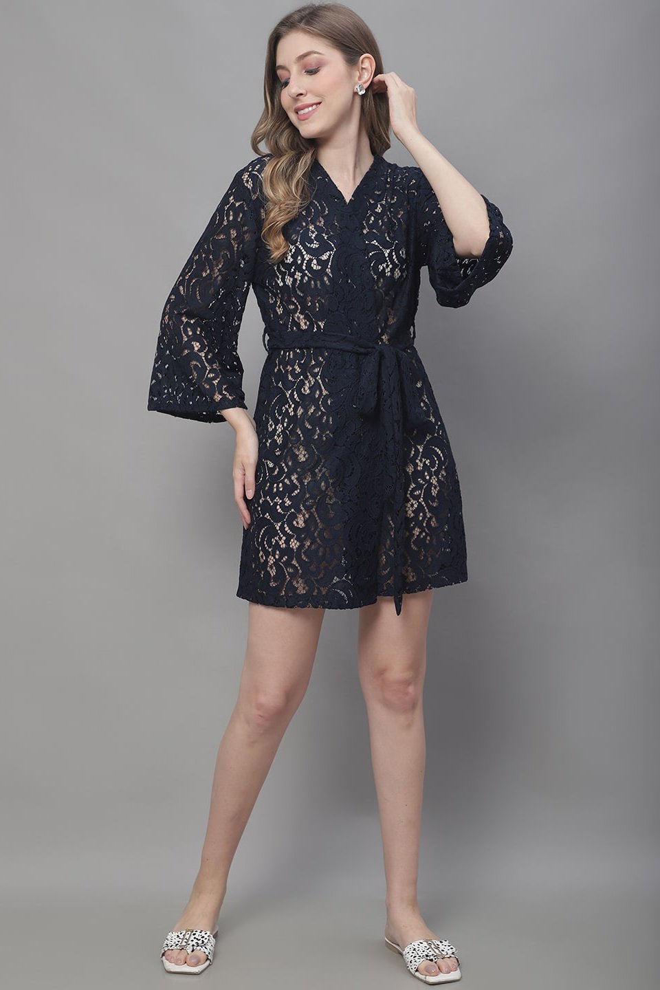 Navy Net Lace Solid Printed Cotton Cover up Robe Claura Designs Pvt. Ltd. Nighty Cotton, Kaftan_allsizes, Navy Blue, net lace, Nightdress, Robe, Sleepwear, Solid Printed, Women