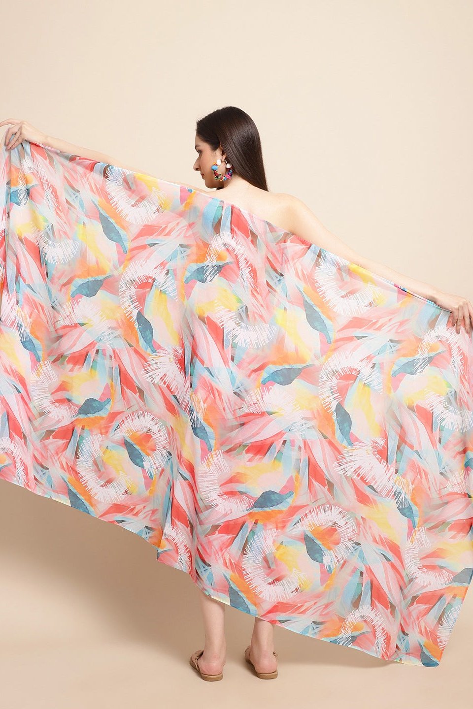 Multi Color Abstract Printed Georgette Swimwear Cover Up Sarong For Women Claura Designs Pvt. Ltd. Sarong Beachwear, Cover-up, Coverup, Free Size, georgette, multi color, Sarong, Swimwear