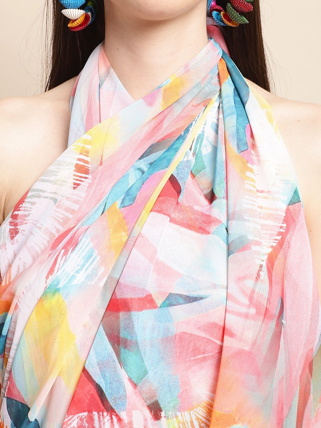 Multi Color Abstract Printed Georgette Swimwear Cover Up Sarong For Women Claura Designs Pvt. Ltd. Sarong Beachwear, Cover-up, Coverup, Free Size, georgette, multi color, Sarong, Swimwear
