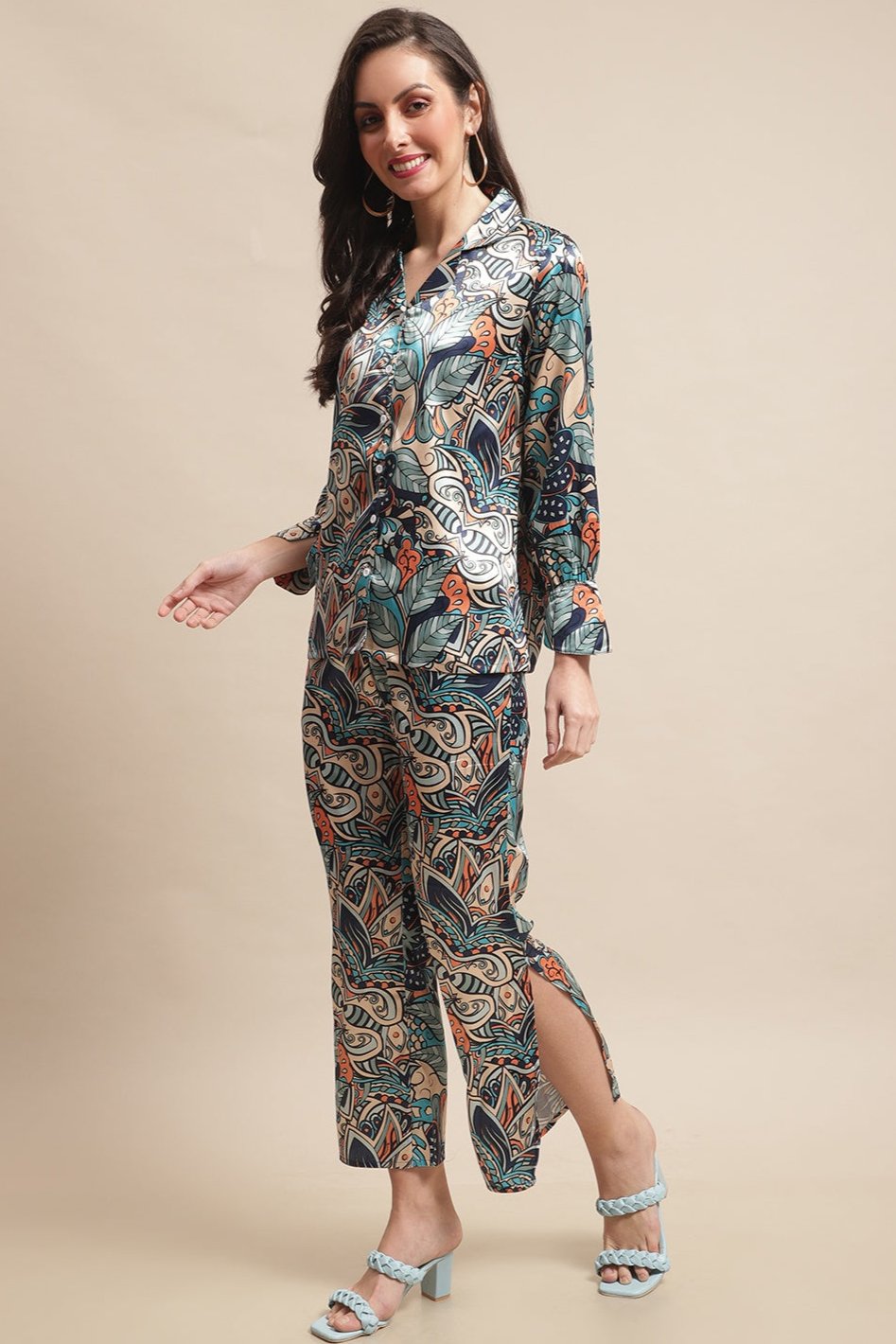 Lifestyle shot of the abstract print Co-Ord Set in a cafe setting.