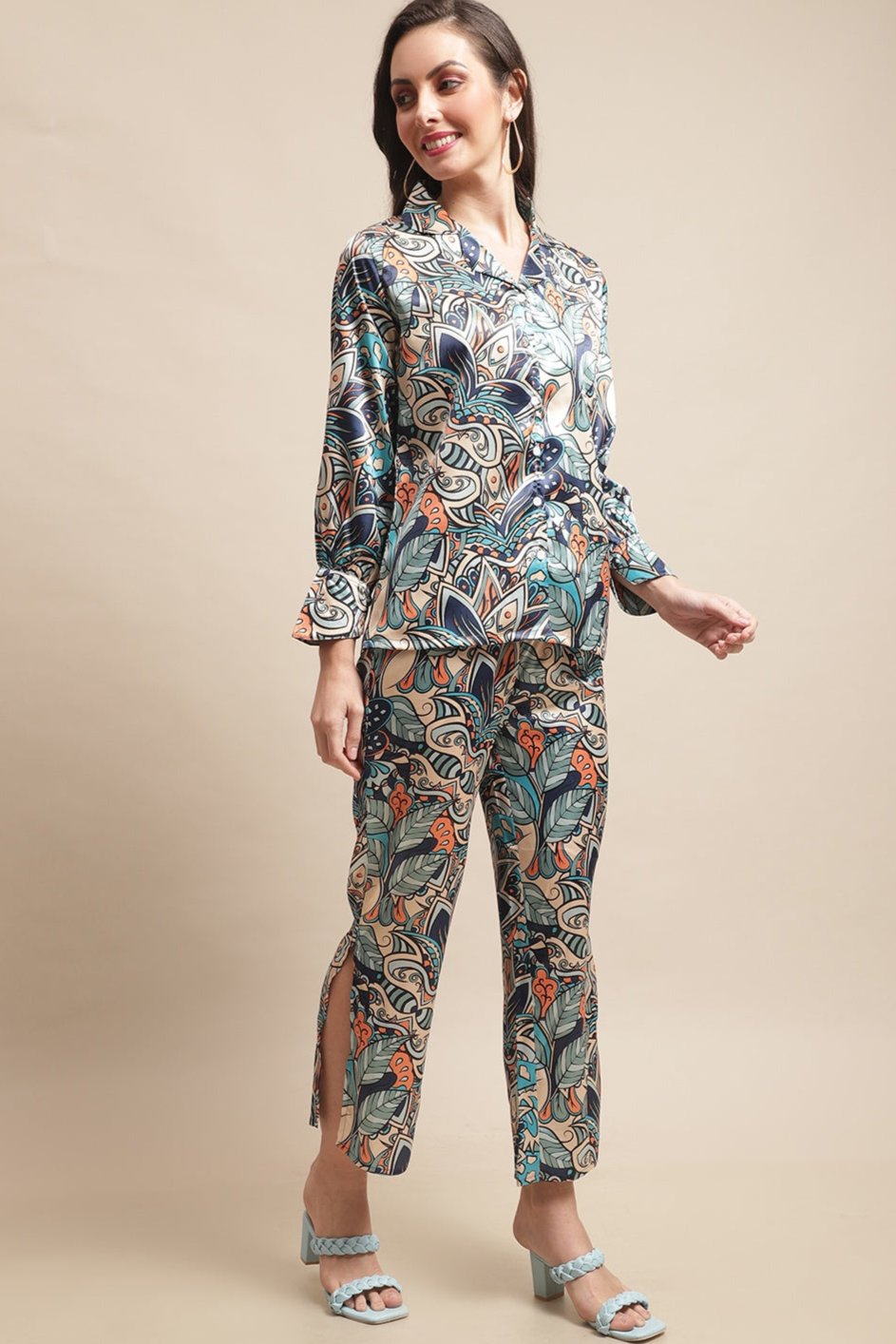 Close-up of the silky satin fabric on the multi-color Co-Ord Set.