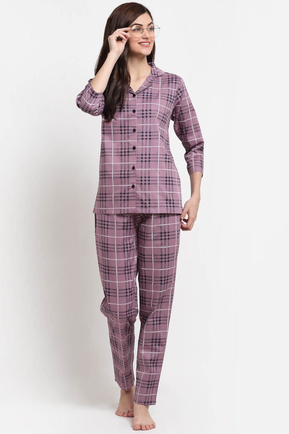 Purple Color Striped Printed Cotton Nightsuit for Women | Claura