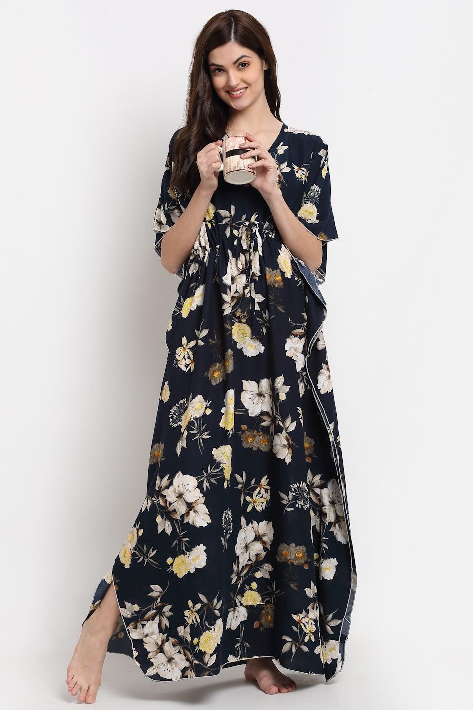 Woman wearing navy blue floral printed Kaftan Dress