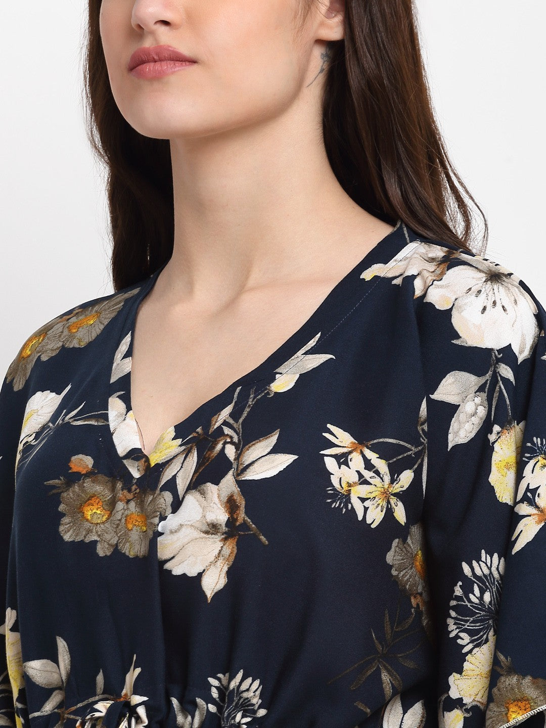 Close-up of rayon fabric on navy blue Kaftan Dress