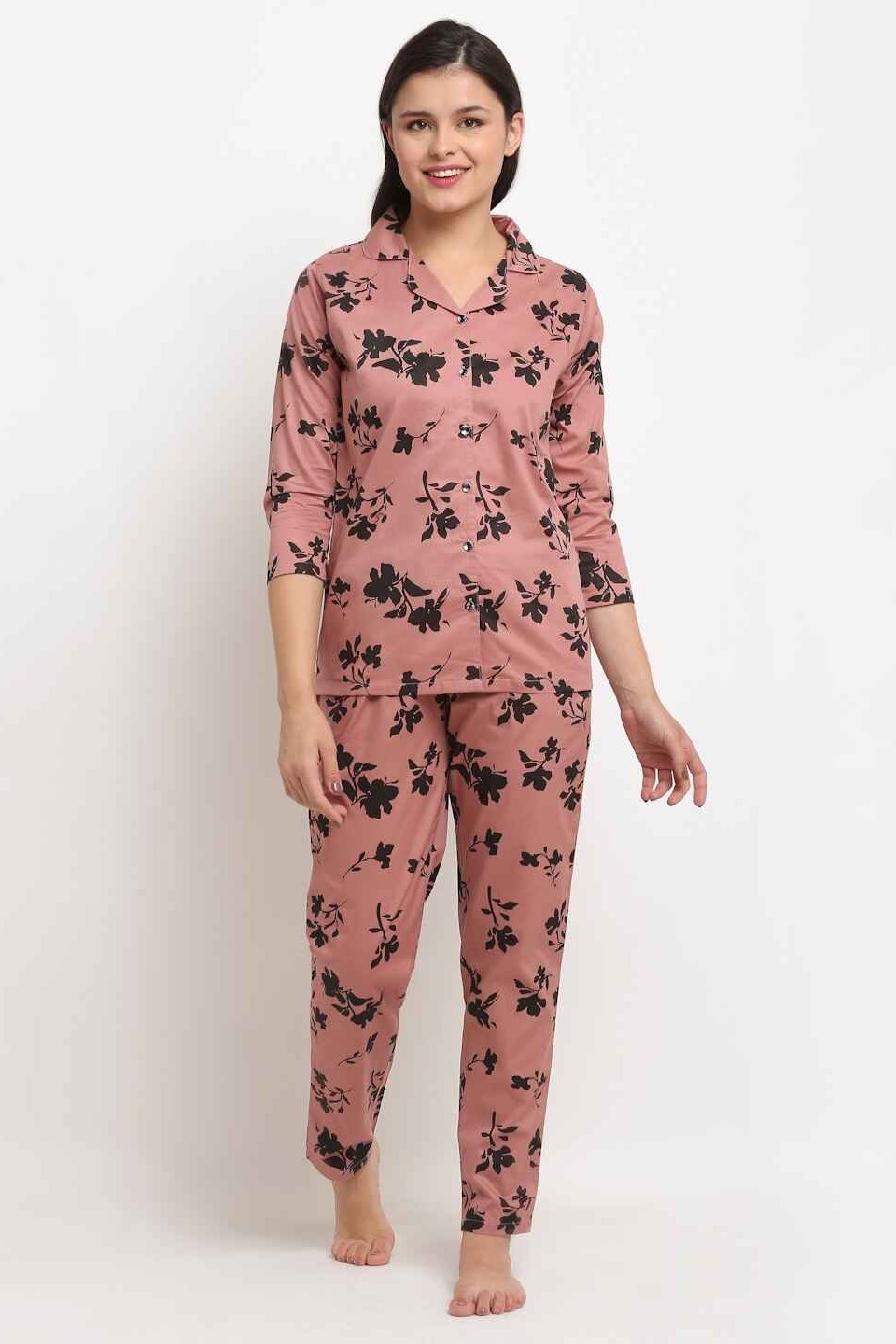 Rust Color Floral Printed Rayon Night Suit for Women by Claura