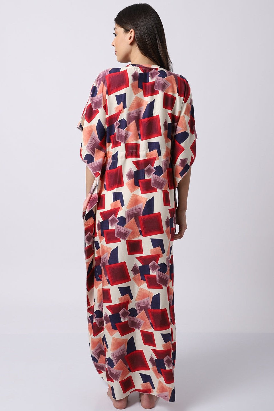 Multi Color Abstract Printed Viscose Rayon Kaftan Claura Designs Pvt. Ltd. Kaftan Abstract, kaftan, kaftan_freesize, Nightdress, Printed, Red, Sleepwear, V-Neck, White