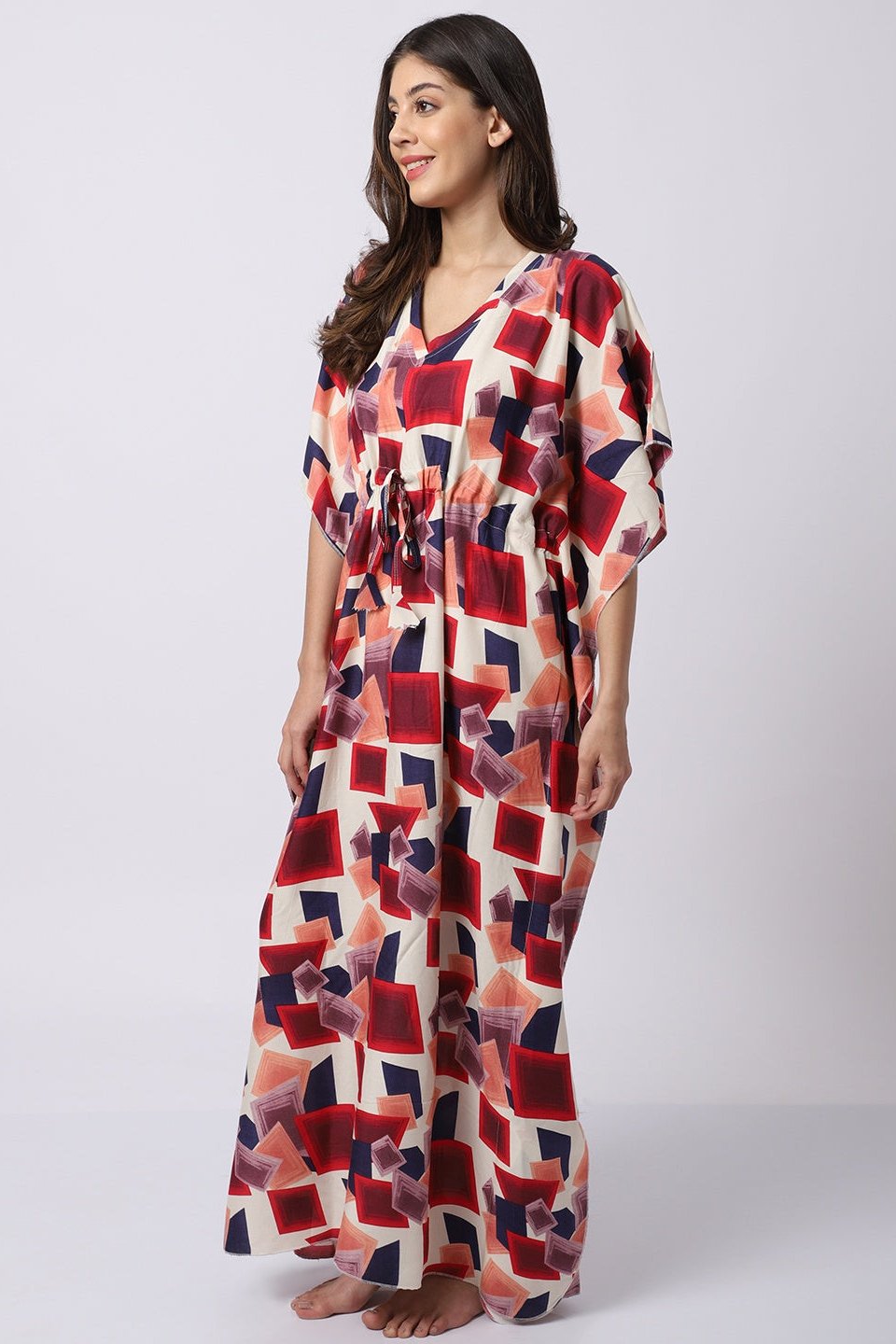 Multi Color Abstract Printed Viscose Rayon Kaftan Claura Designs Pvt. Ltd. Kaftan Abstract, kaftan, kaftan_freesize, Nightdress, Printed, Red, Sleepwear, V-Neck, White
