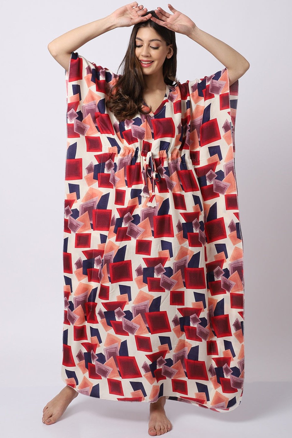 Multi Color Abstract Printed Viscose Rayon Kaftan Claura Designs Pvt. Ltd. Kaftan Abstract, kaftan, kaftan_freesize, Nightdress, Printed, Red, Sleepwear, V-Neck, White