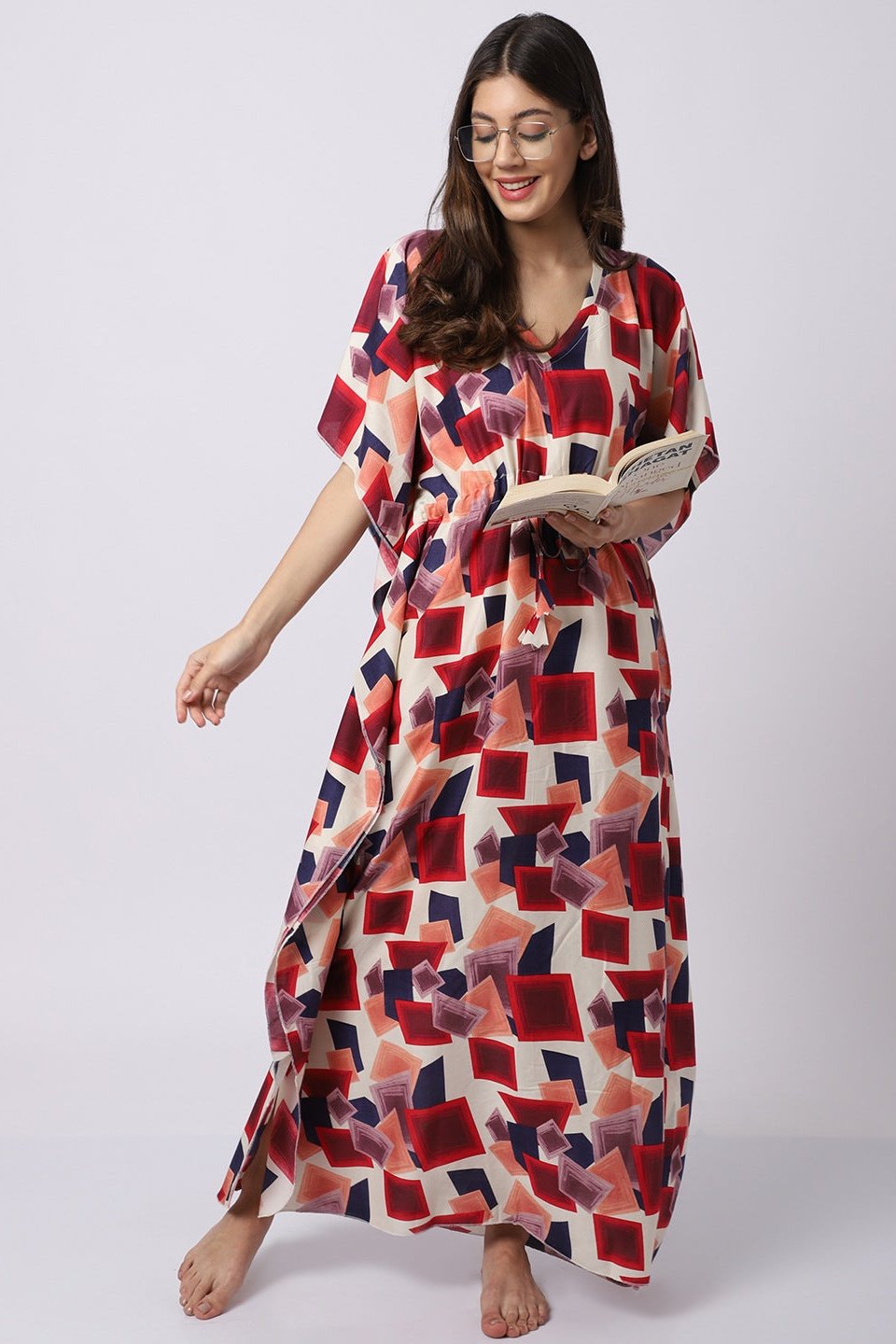 Multi Color Abstract Printed Viscose Rayon Kaftan Claura Designs Pvt. Ltd. Kaftan Abstract, kaftan, kaftan_freesize, Nightdress, Printed, Red, Sleepwear, V-Neck, White