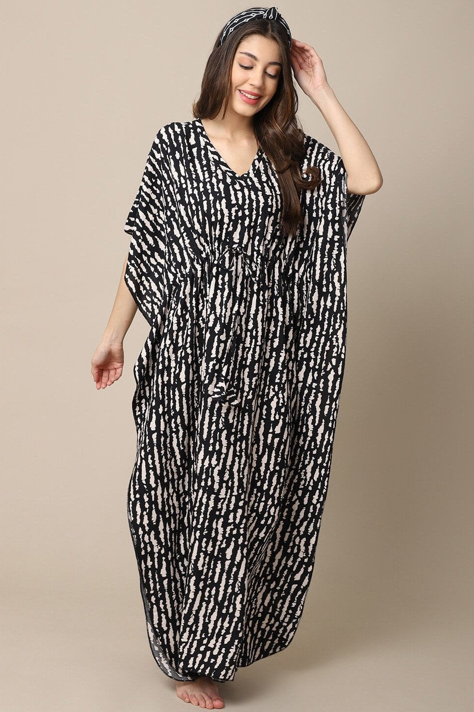 Black Stripe Printed Viscose Rayon Kaftan For Women Claura Designs Pvt. Ltd. Kaftan Black, Free Size, kaftan, Nightdress, Printed, Rayon, Sleepwear, V-Neck