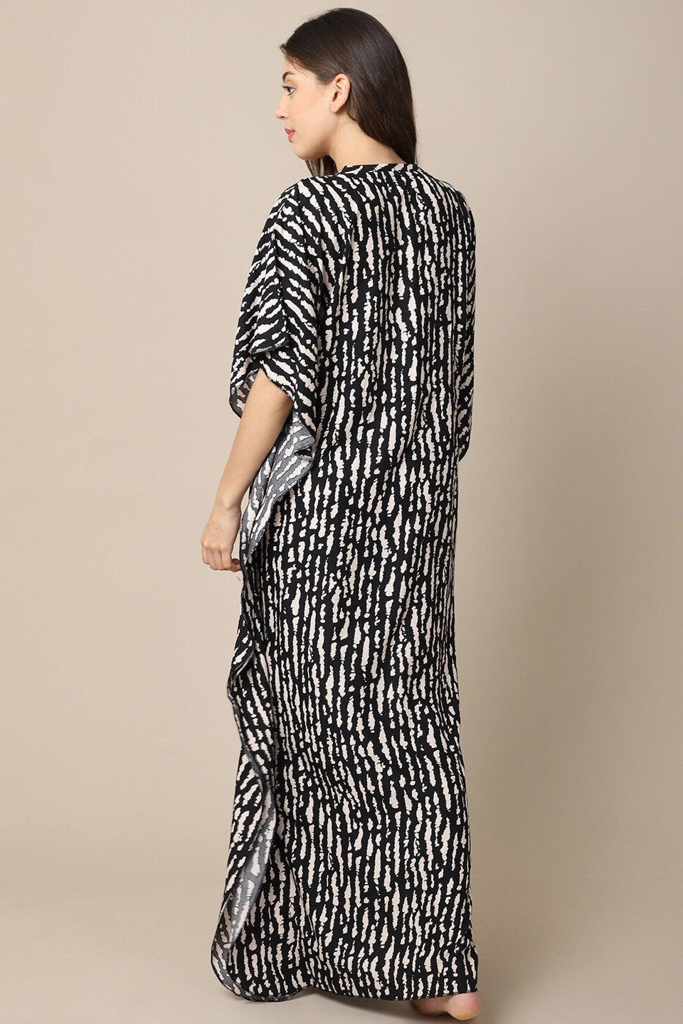 Black Stripe Printed Viscose Rayon Kaftan For Women Claura Designs Pvt. Ltd. Kaftan Black, Free Size, kaftan, Nightdress, Printed, Rayon, Sleepwear, V-Neck