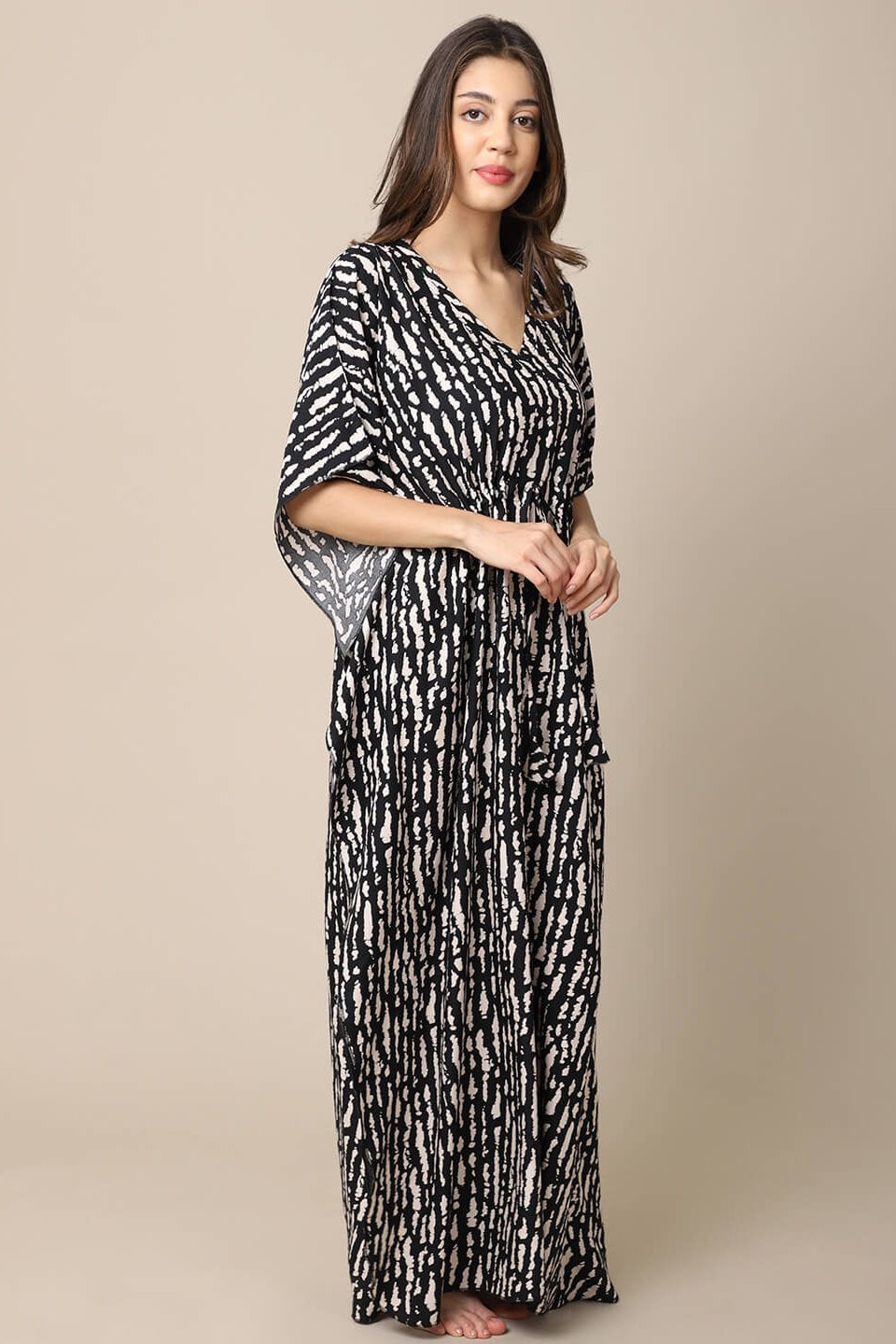 Black Stripe Printed Viscose Rayon Kaftan For Women Claura Designs Pvt. Ltd. Kaftan Black, Free Size, kaftan, Nightdress, Printed, Rayon, Sleepwear, V-Neck