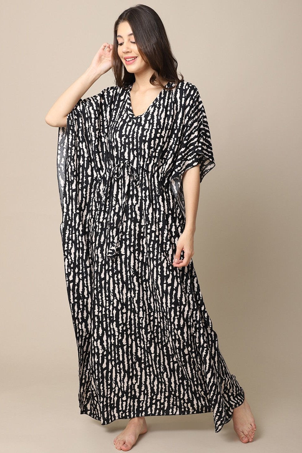 Black Stripe Printed Viscose Rayon Kaftan For Women Claura Designs Pvt. Ltd. Kaftan Black, Free Size, kaftan, Nightdress, Printed, Rayon, Sleepwear, V-Neck