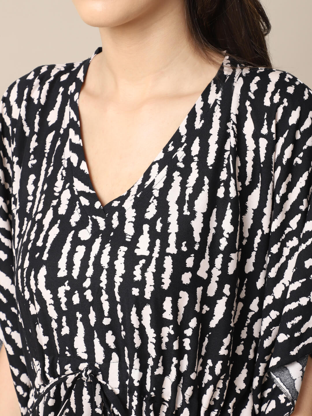 Black Stripe Printed Viscose Rayon Kaftan For Women Claura Designs Pvt. Ltd. Kaftan Black, Free Size, kaftan, Nightdress, Printed, Rayon, Sleepwear, V-Neck