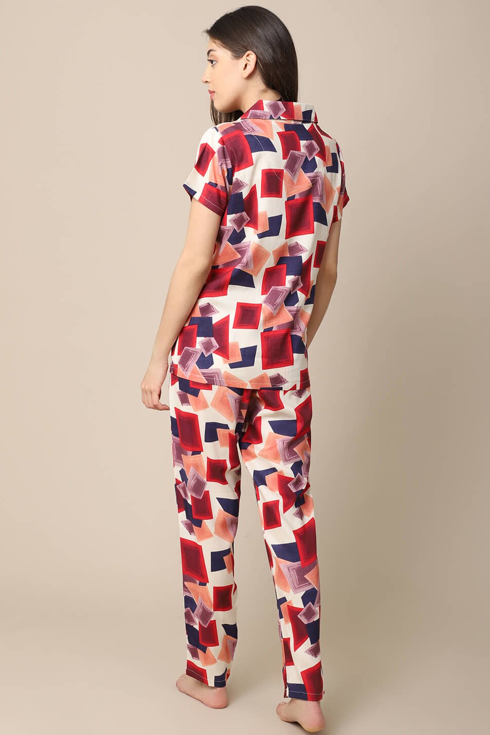 Multi-Color Geometric Printed Viscose Rayon Night Suit for Women by Claura