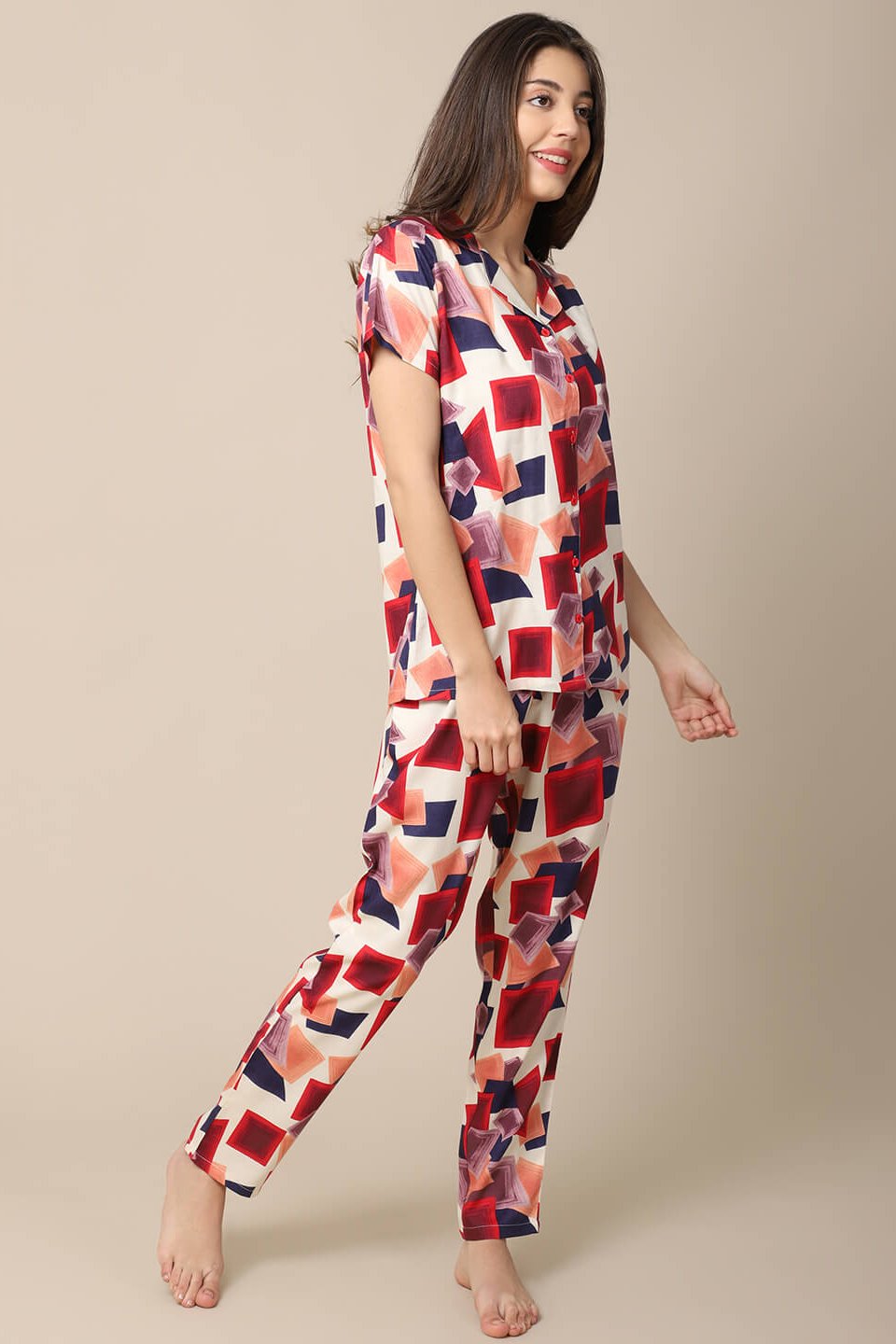 Multi-Color Geometric Printed Viscose Rayon Night Suit for Women by Claura