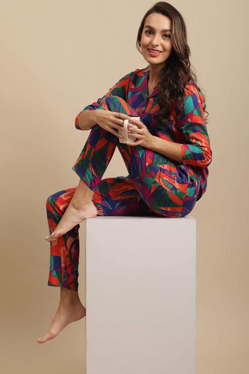 Multi-Color Abstract Printed Viscose Rayon Night Suit for Women by Claura