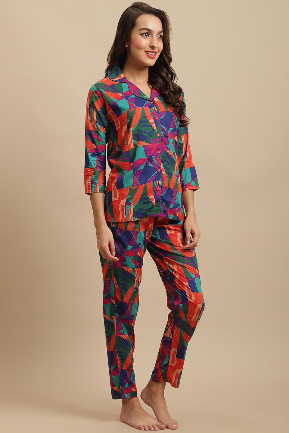 Multi-Color Abstract Printed Viscose Rayon Night Suit for Women by Claura