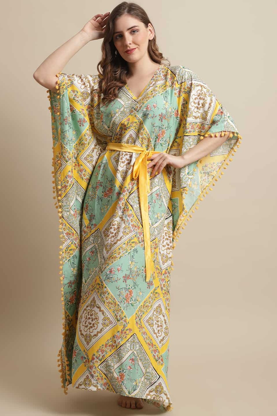 Yellow Color Floral Printed Rayon Night Dress Kaftan Claura Designs Pvt. Ltd. Kaftan Floral, kaftan, Kaftan_allsizes, Nightdress, Printed, Sleepwear, V-Neck, Yellow