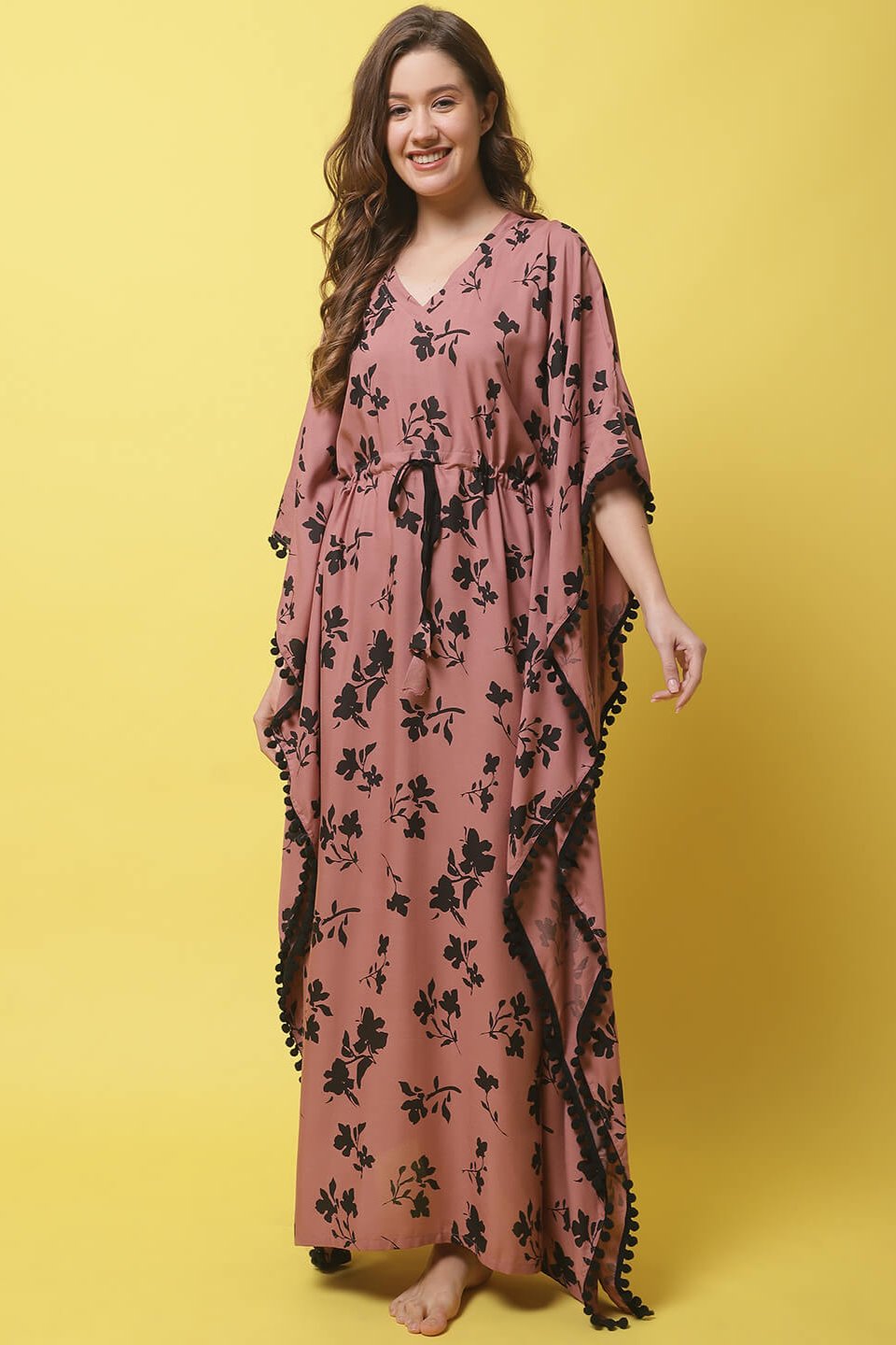 Rust Color Floral Printed Rayon Kaftan Claura Designs Pvt. Ltd. Kaftan Floral, Free Size, kaftan, kaftan_freesize, Nightdress, Printed, Rust color, Sleepwear, V-Neck