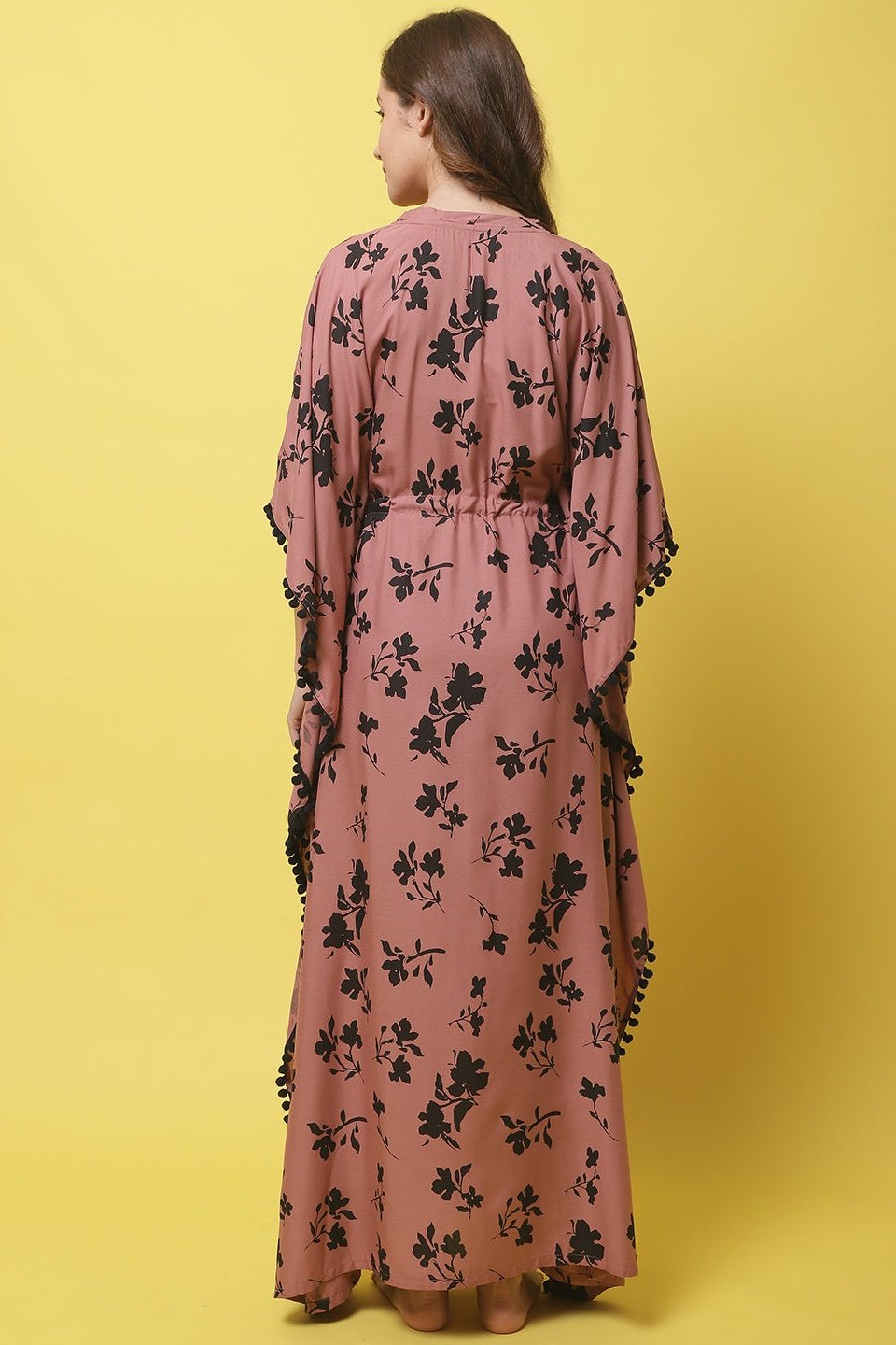 Rust Color Floral Printed Rayon Kaftan Claura Designs Pvt. Ltd. Kaftan Floral, Free Size, kaftan, kaftan_freesize, Nightdress, Printed, Rust color, Sleepwear, V-Neck