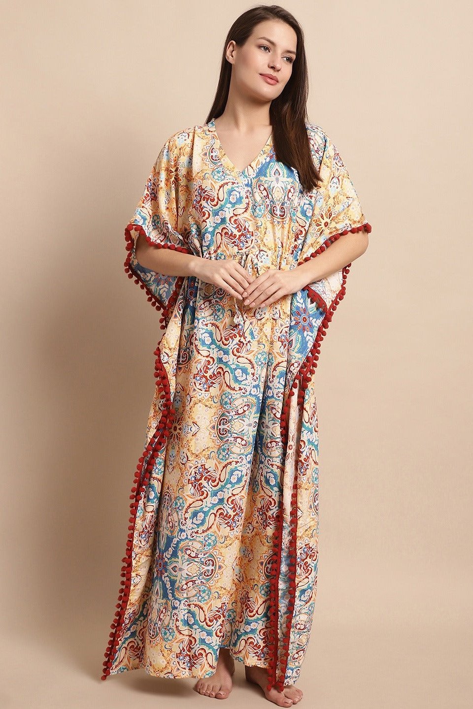 Multicolor Flared Printed Viscose Rayon Kaftan For Woman Claura Designs Pvt. Ltd. Kaftan kaftan, kaftan_freesize, multi color, Nightdress, Printed, Rayon, Sleepwear, V-Neck